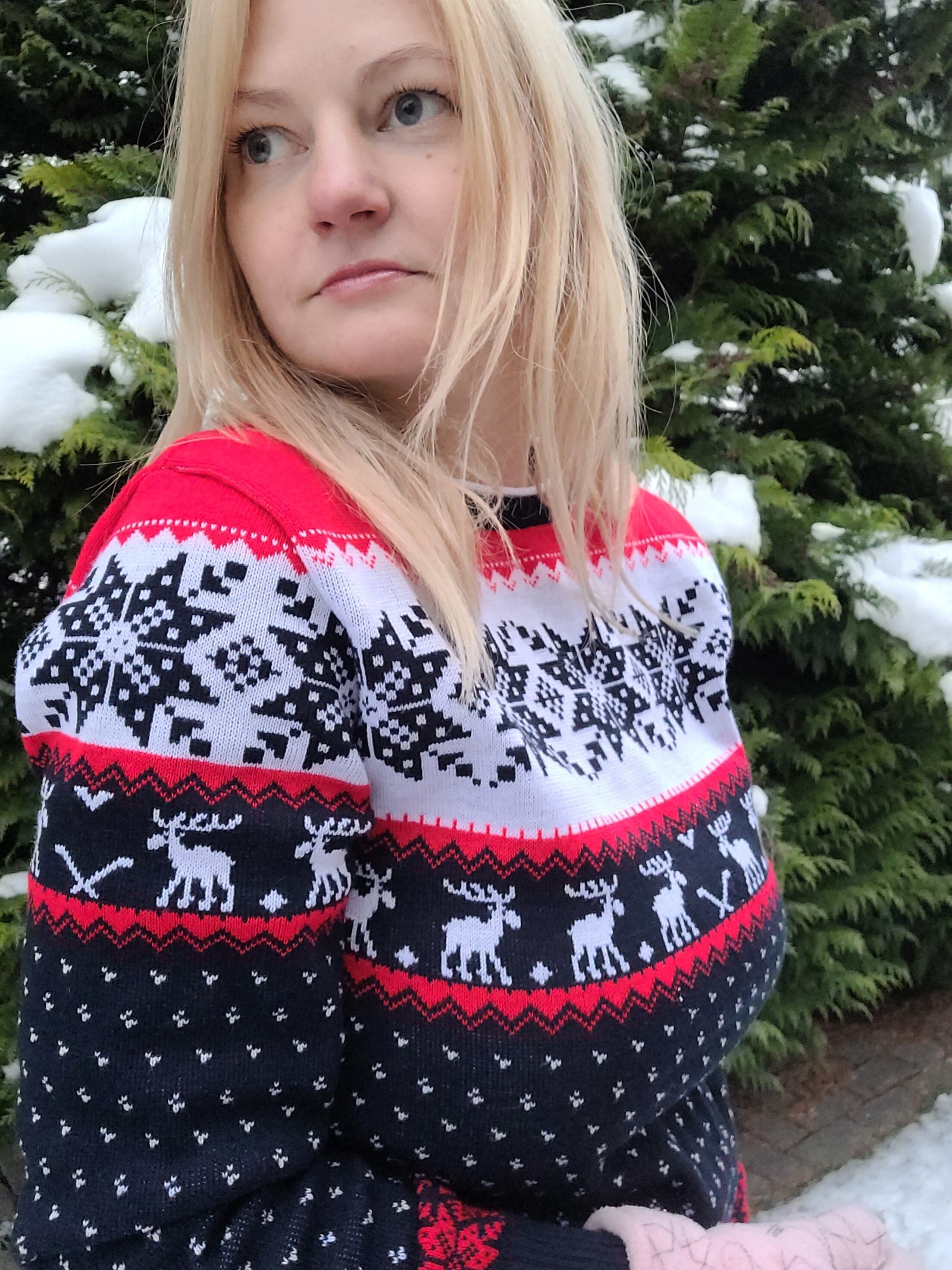 Wool Christmas Jumper - Knitted Snowflake Reindeer Scandinavian Sweater - Warm Winter Knitwear Pullover