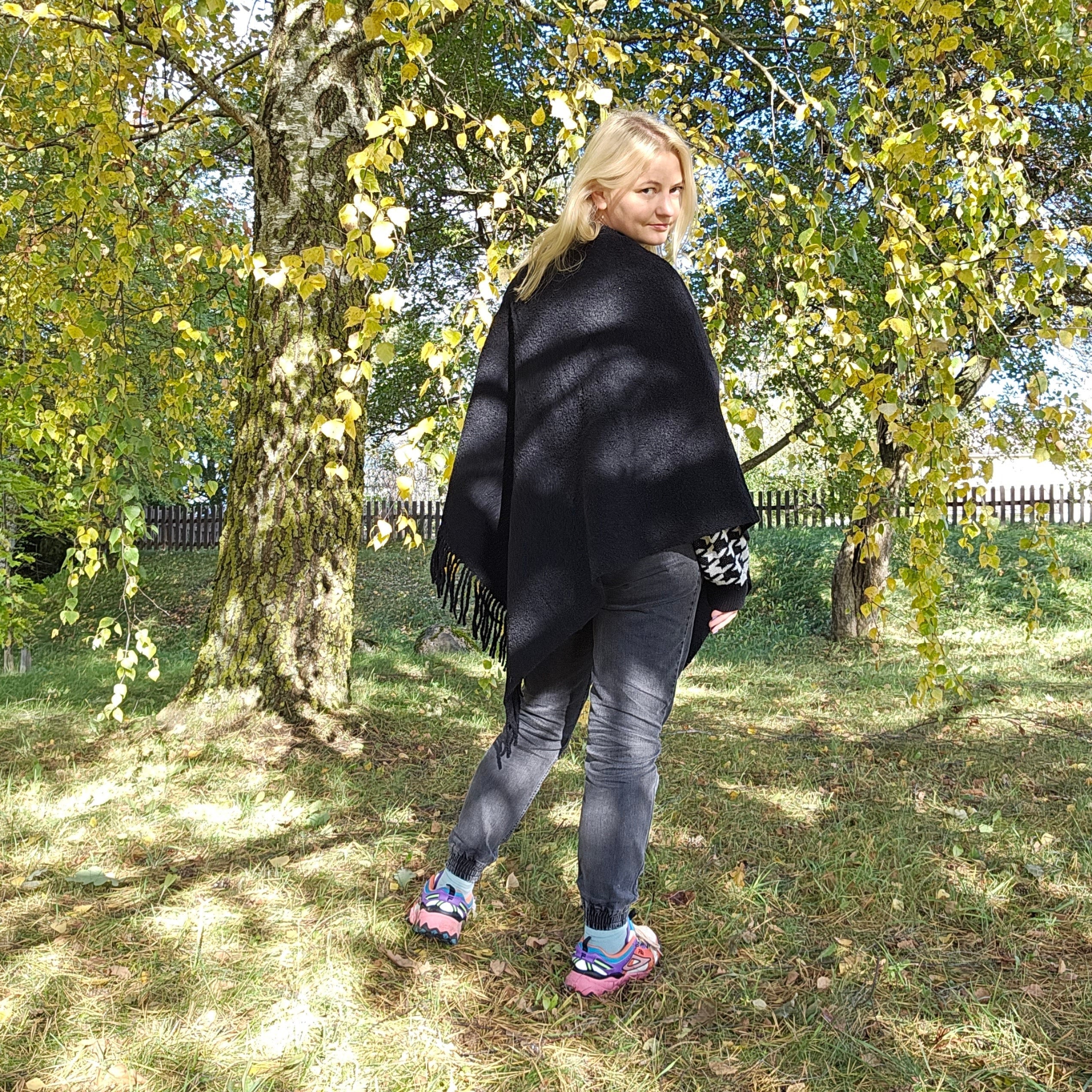 Wool Blanket Poncho Kiruna - Black Hooded Wool Cape With Fringes | Comfortable Unisex Cloak