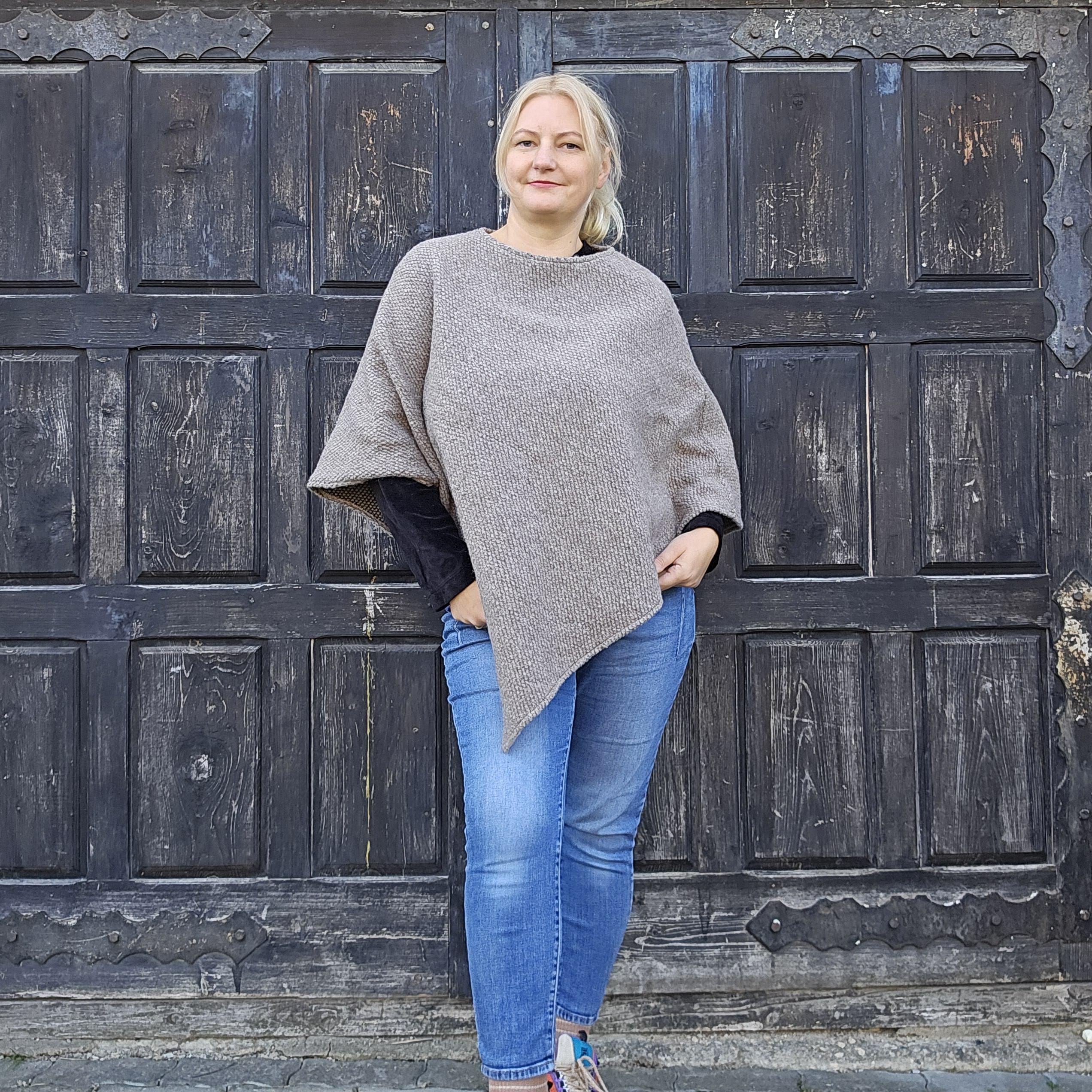 Wool Blanket Poncho Kiruna - Hooded Purple Check Lambswool Cape, Warm Winter Wrap