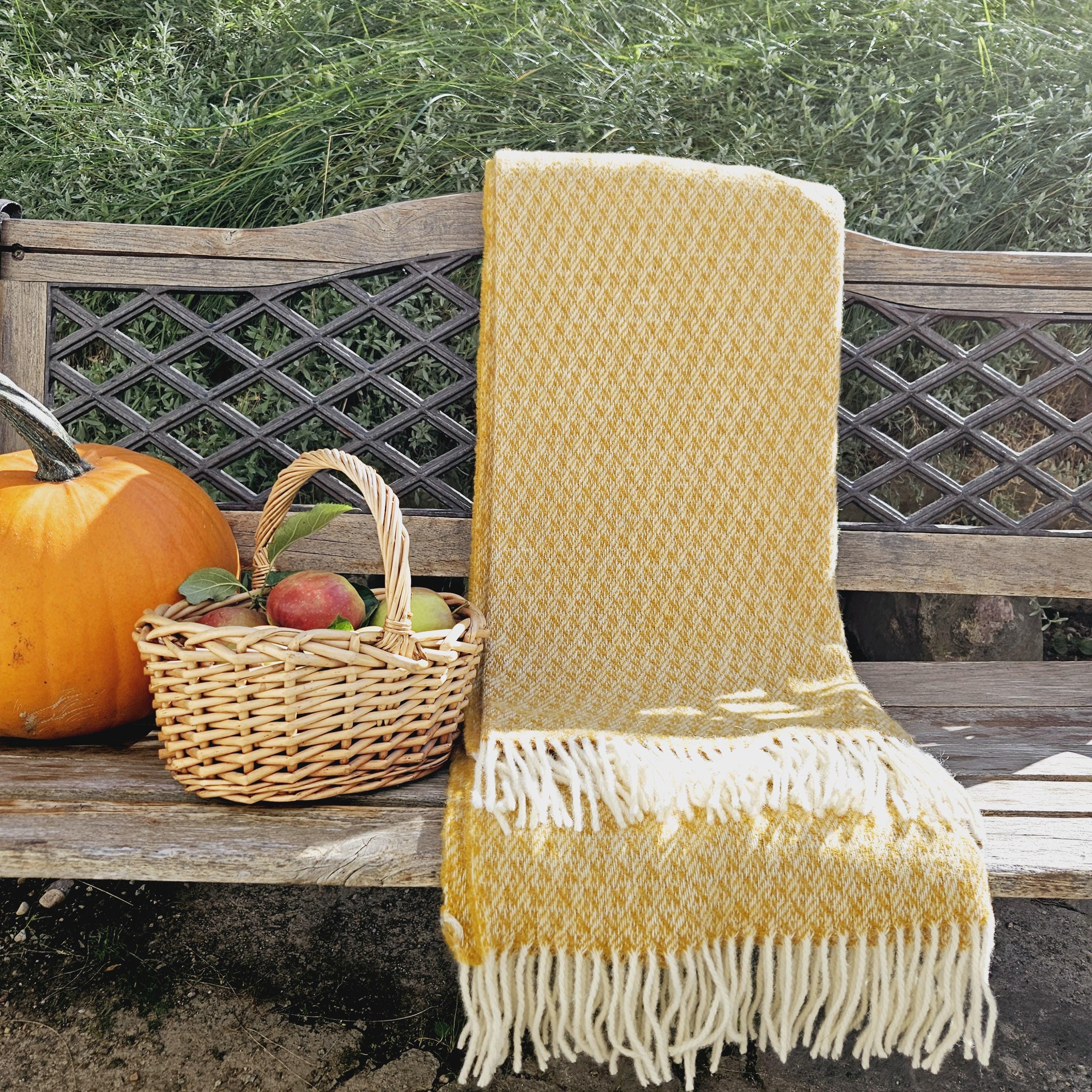 Yellow Wool Blanket – Warm Winter Blanket Reversible Plaid Throw 100% Natural Wool