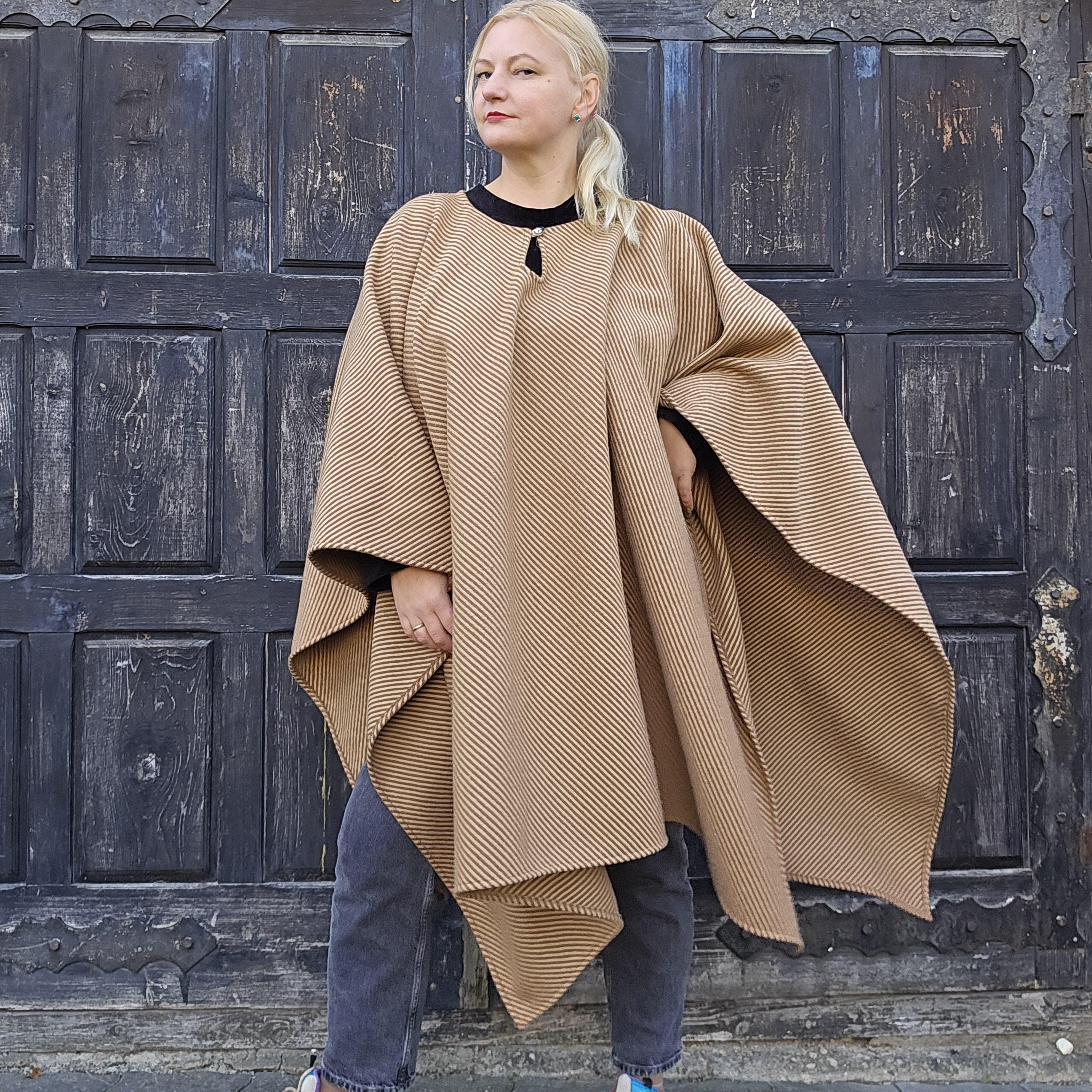 Wool Poncho Oland - Unisex Ruana Cape Brown Blanket Style With Hooded Outdoor Cloak