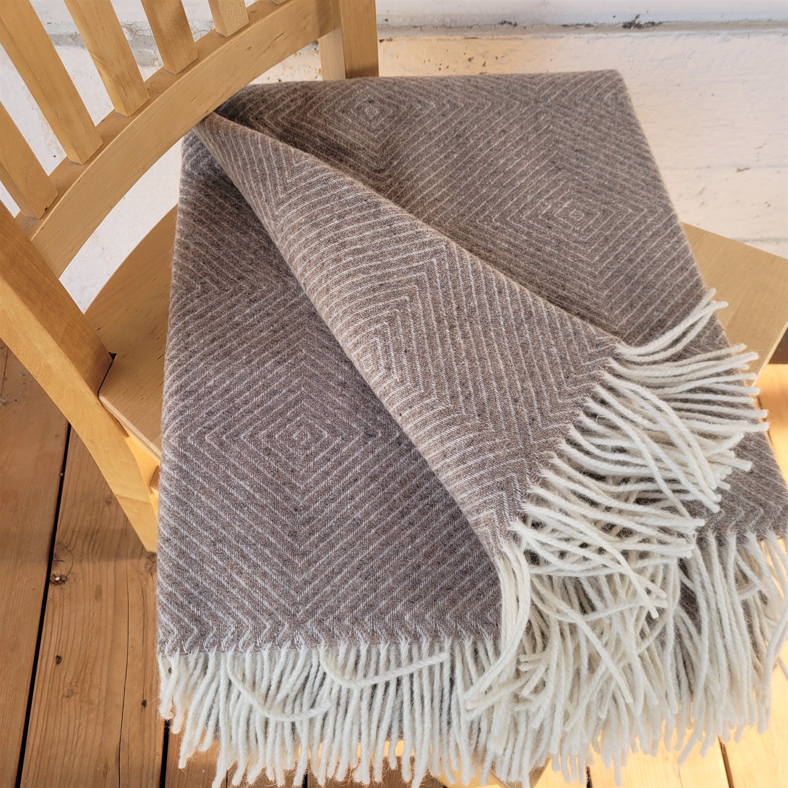 Merino Wool Throw - Lightweight Wool Plaid Blanket | Soft Cozy Diamond Pattern