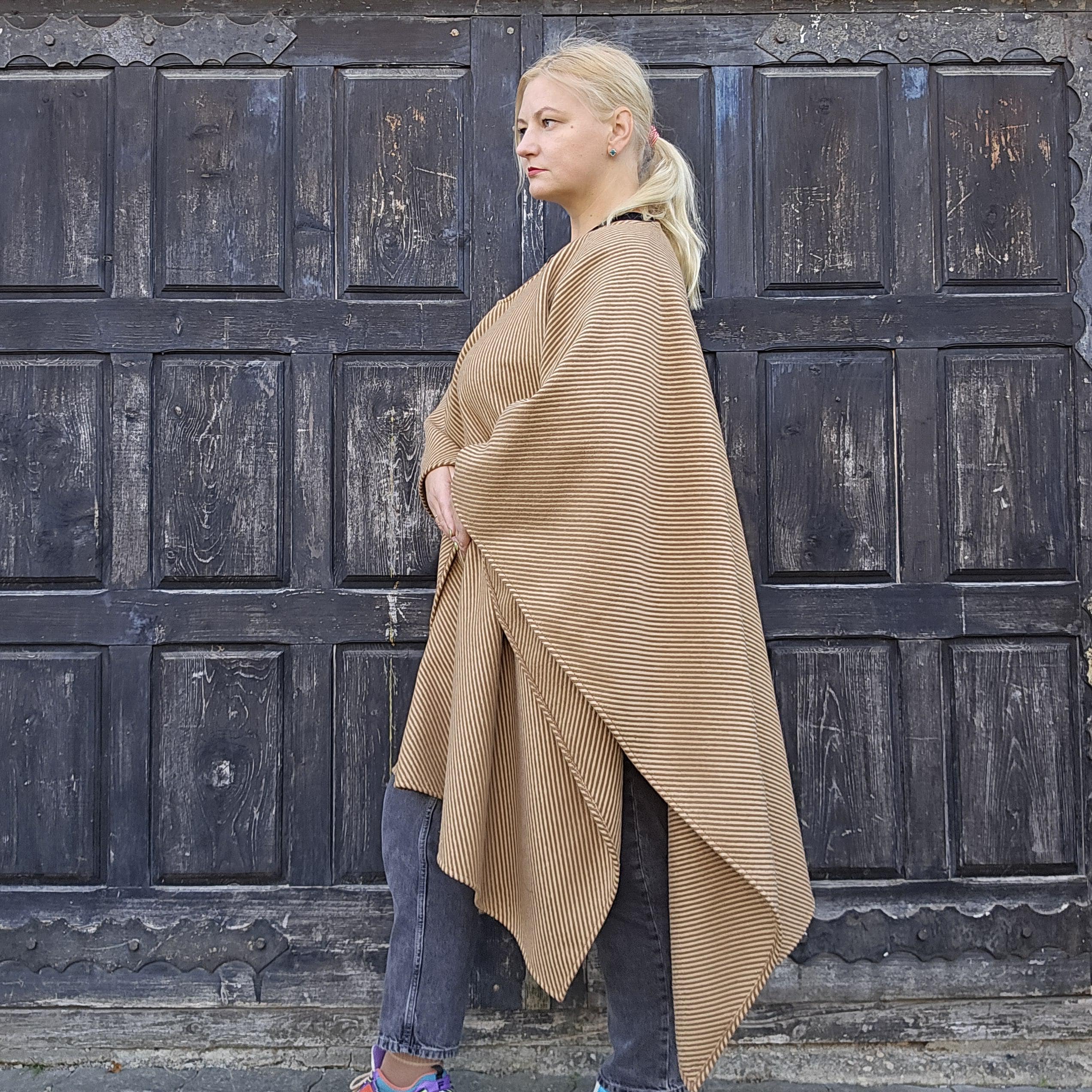 Wool Poncho Oland - Unisex Ruana Cape Brown Blanket Hooded Outdoor Cloak Shawl