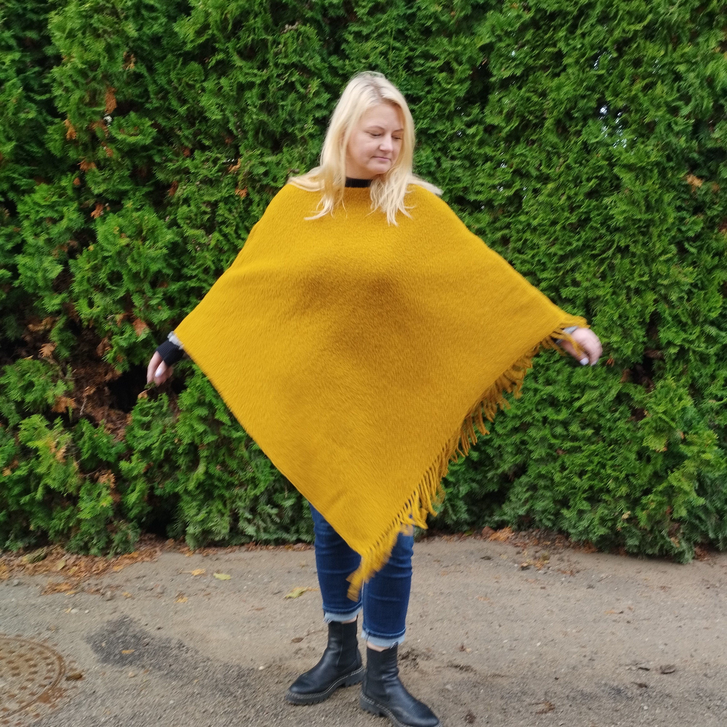 yellow wool blanket poncho with hood - Kiruna - hooded cape ruana with fringes -  Comfortable wool cape for outdoor - In2Nord