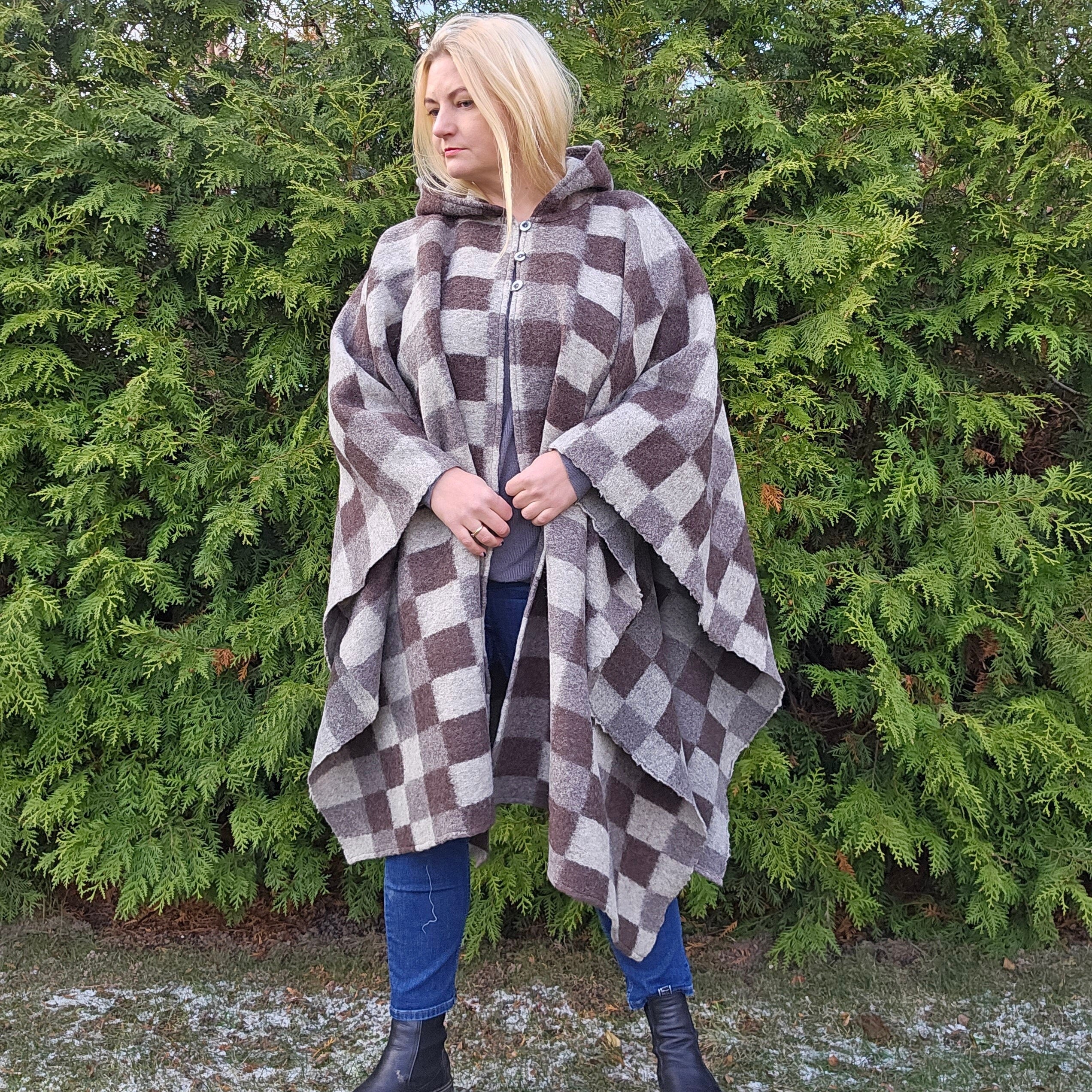 brown wool cape coat, wool ruana cloak cape, wool poncho wool men women unisex