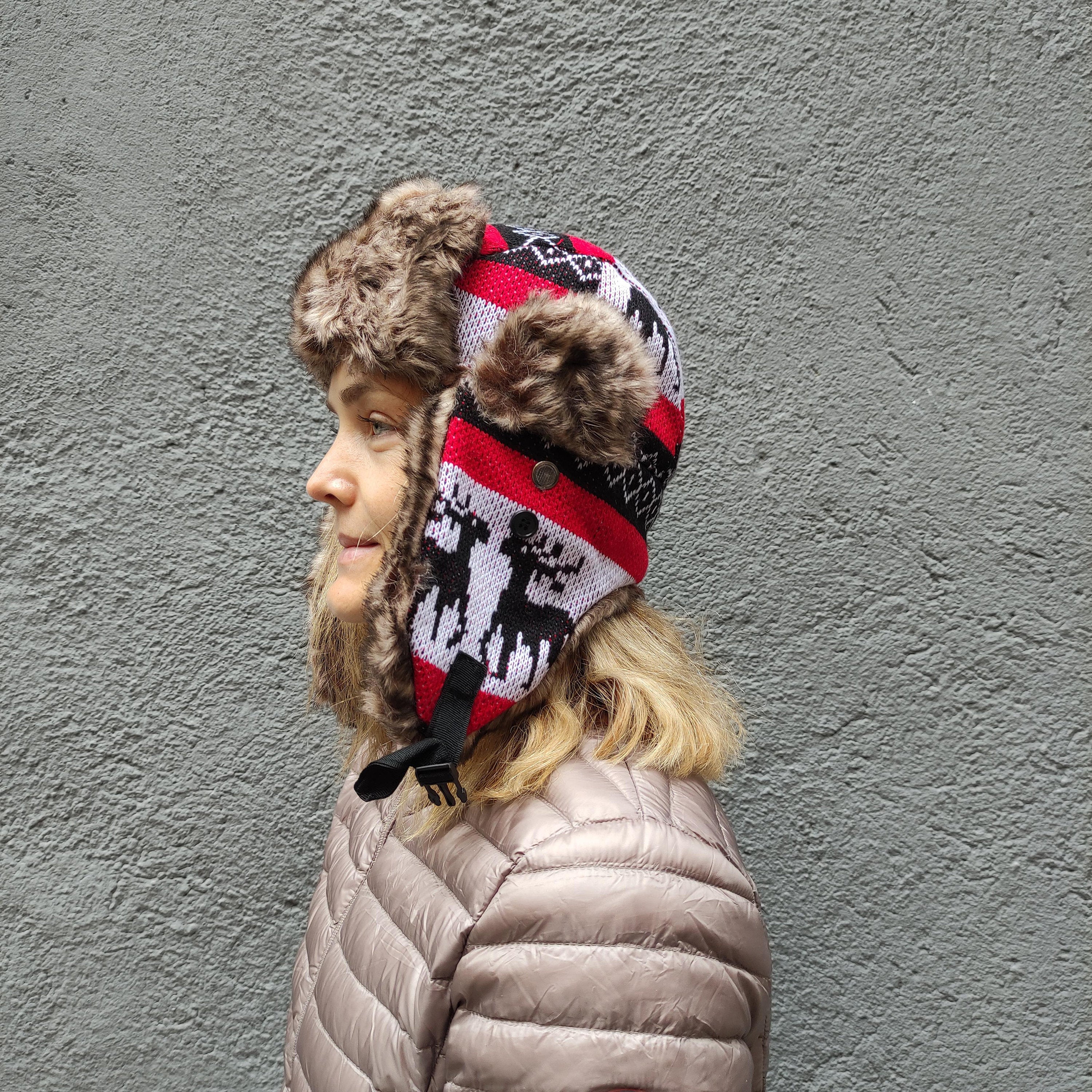 Aviator Winter Wool Hat - Red Reindeer Trapper Hat with Faux Fur Lining & Ear Flaps