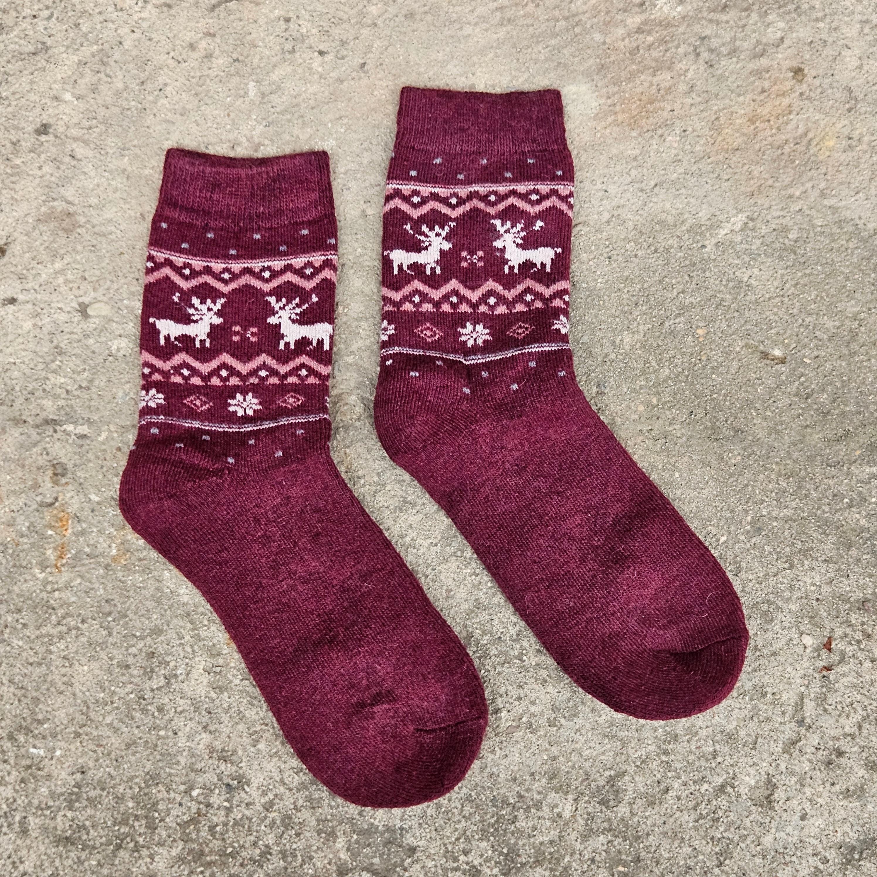 Thin Merino Wool Socks - Nordic Warm Reindeer Pattern Thermal Outdoor Socks