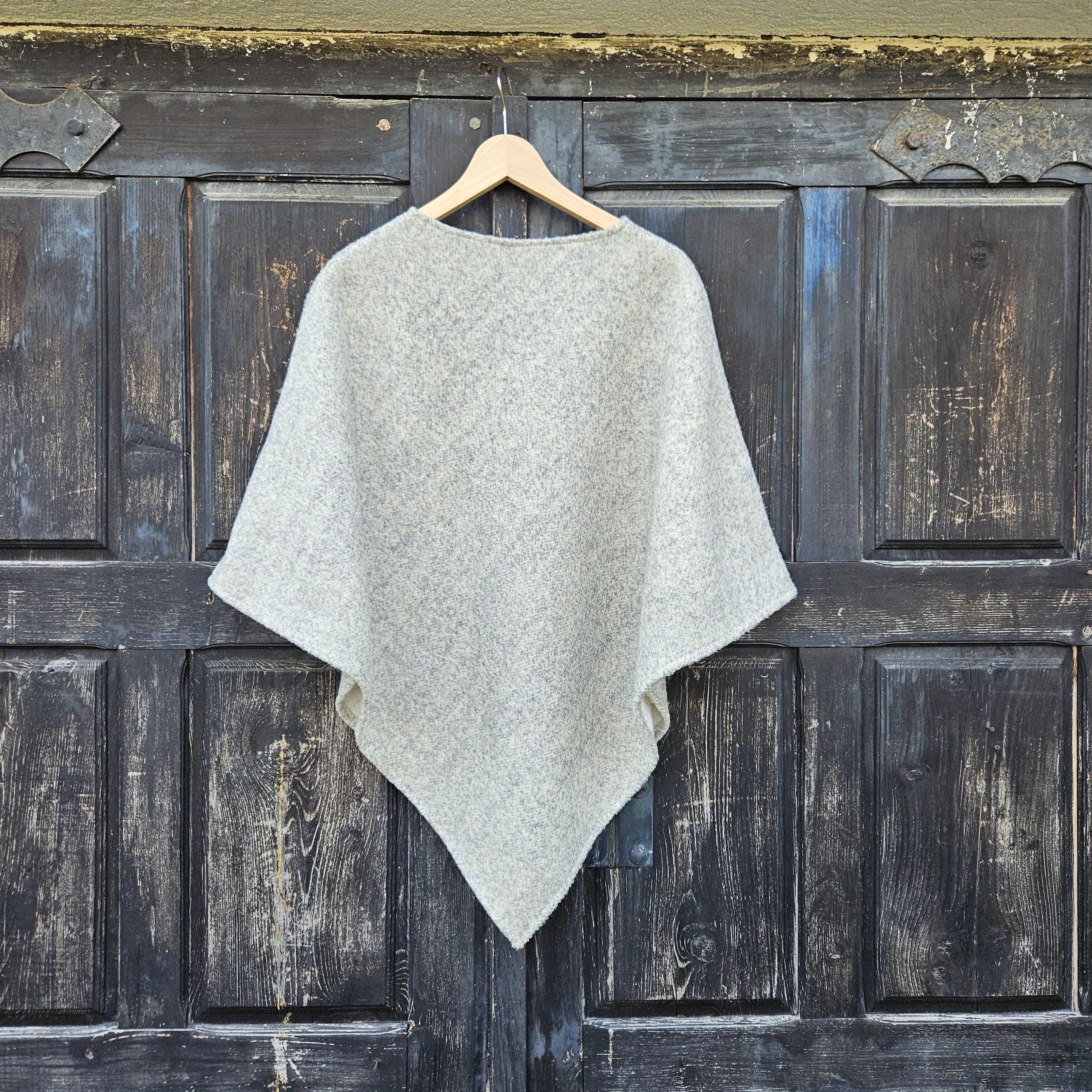 Wool Blanket Poncho - Hooded Wool Cape Grey Ruana with Fringed Shawl for Outdoor