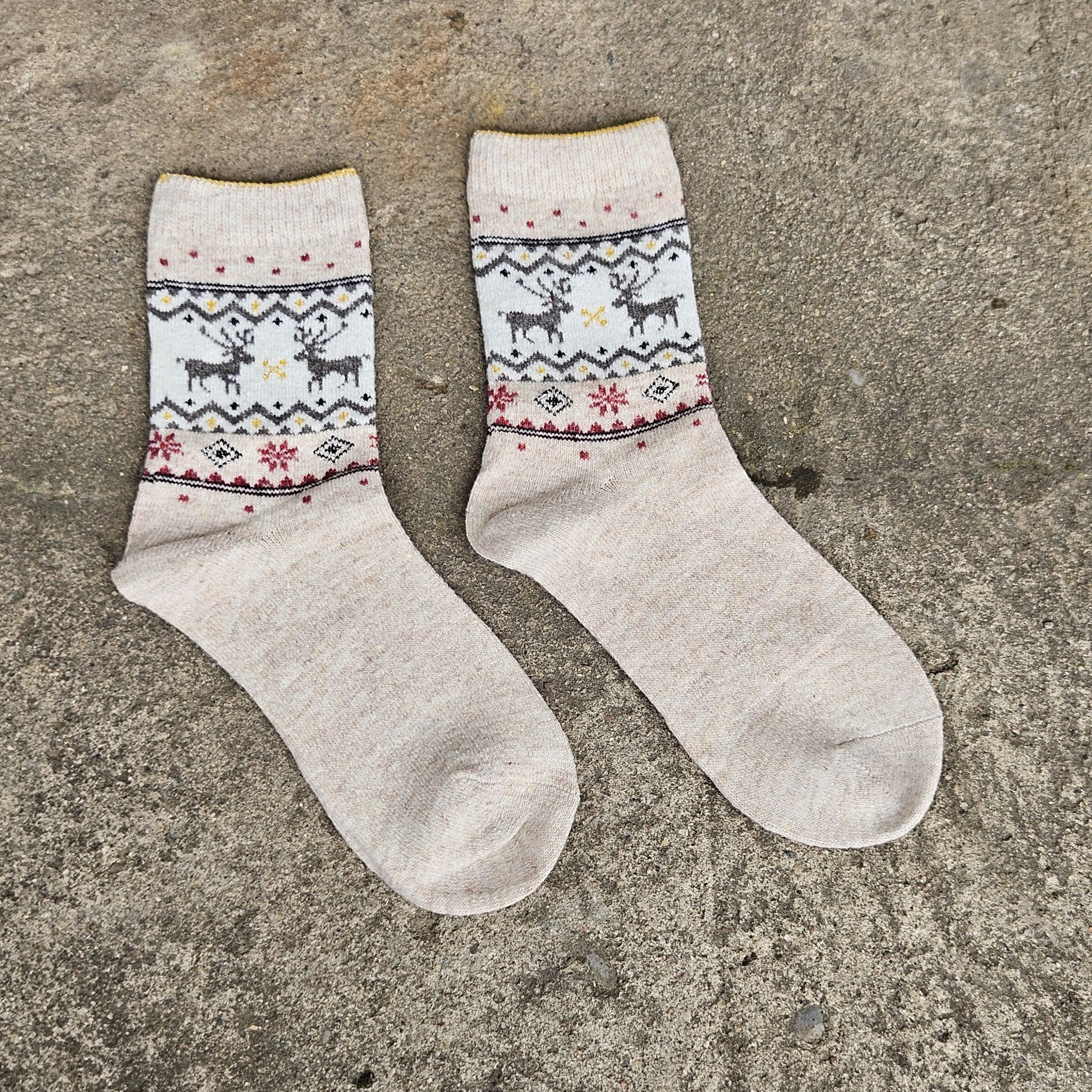 Thin Merino Wool Socks - Nordic Warm Reindeer Pattern Cozy Hiking Socks Size EUR 35-42