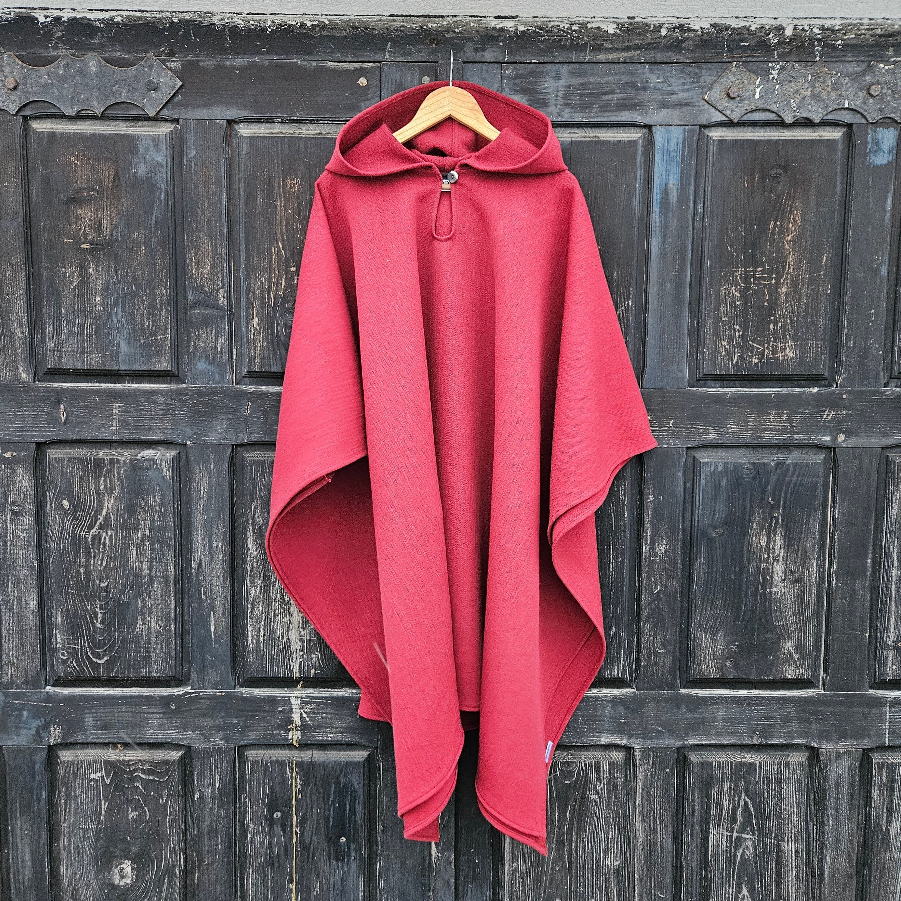 red wool poncho cape, women men wool coat ruana, unisex red wool cape cloak ruana