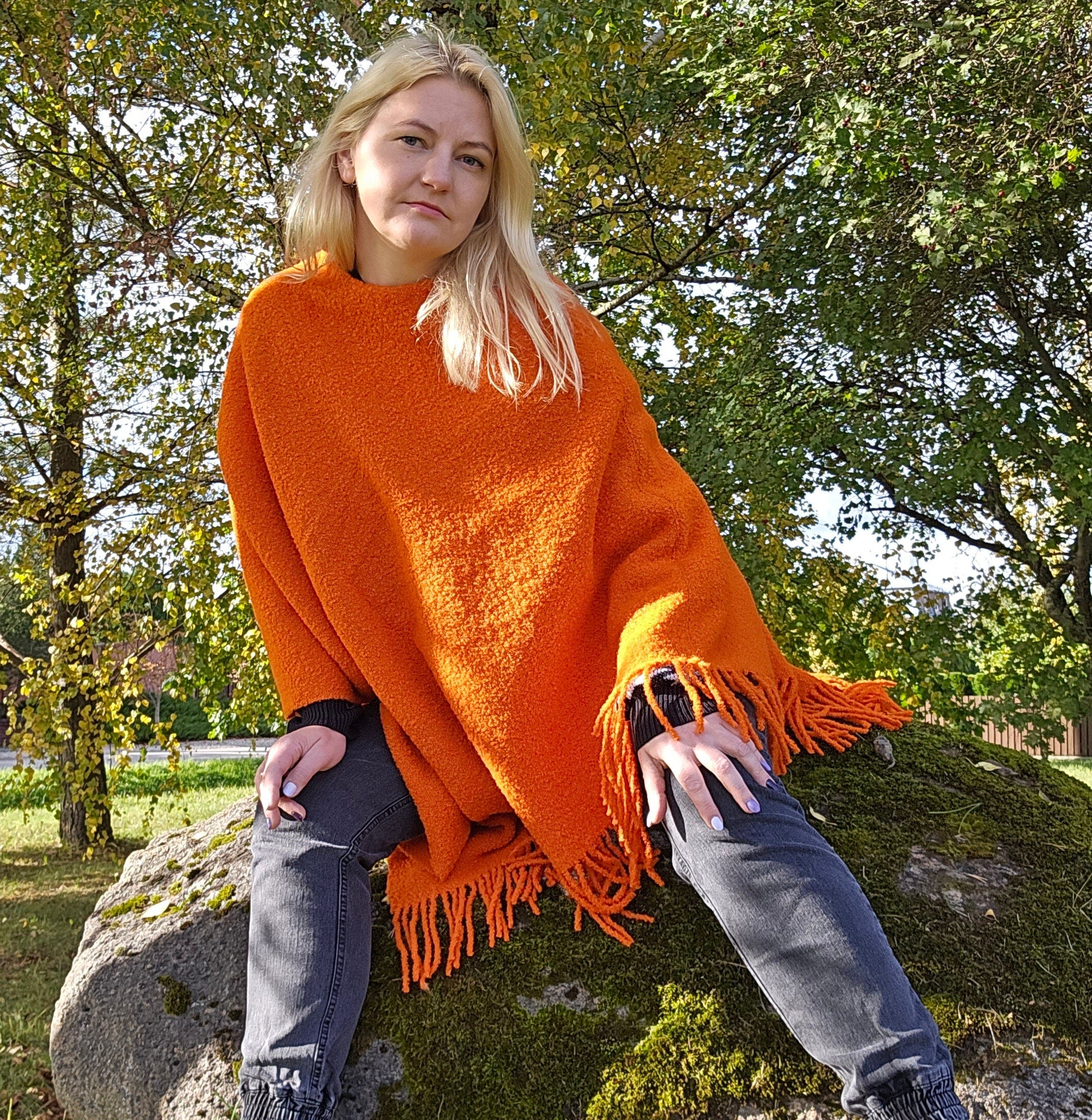 Wool Blanket Poncho – Hooded Wool Cape With Fringes, Comfortable Outdoor Wrap