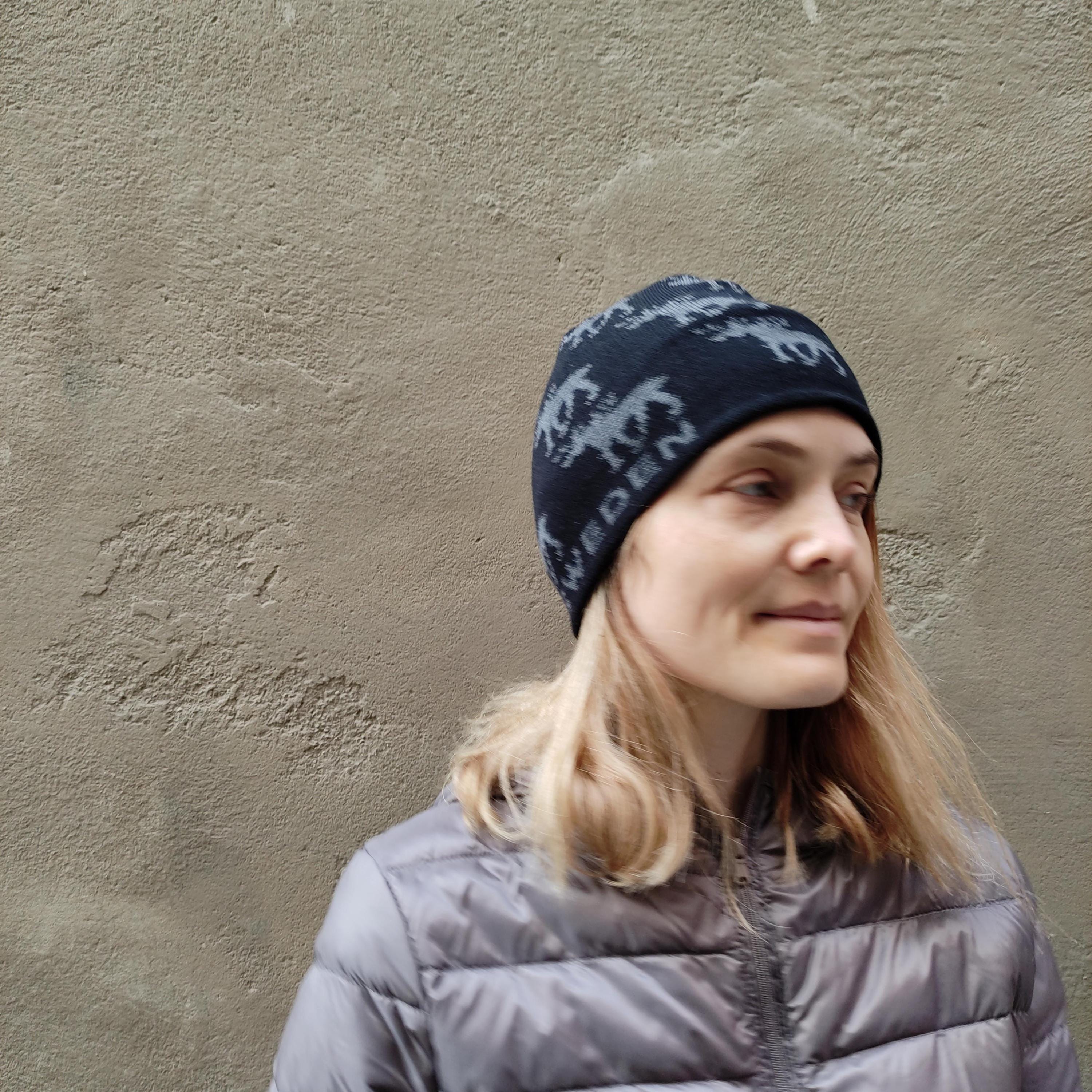 Merino Wool Beanie - Hand Knitted Scandinavian Wool Hat with Reindeer Knit Pattern