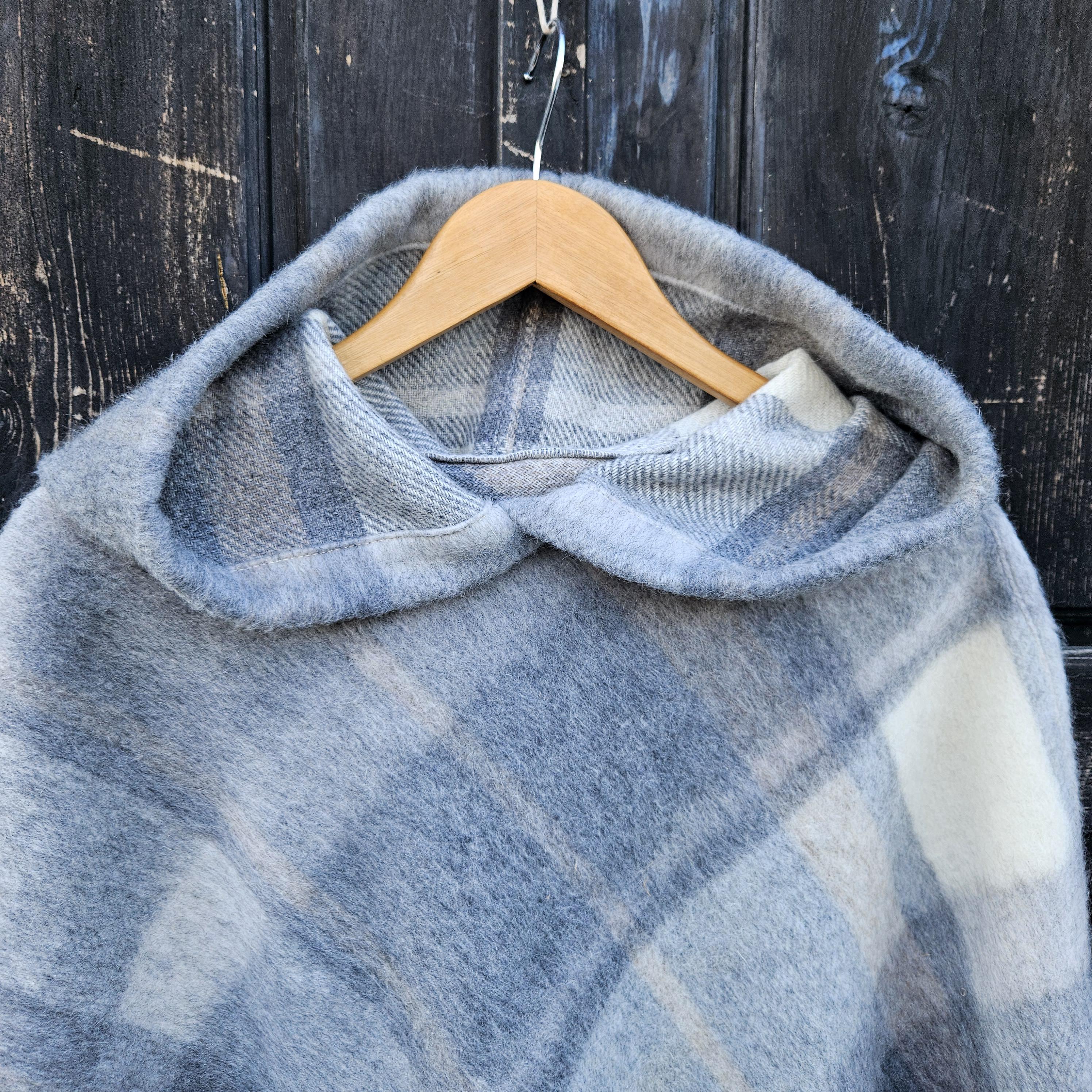 Grey Plaid WOOL Poncho with Hood: Gingham Cape Ruana