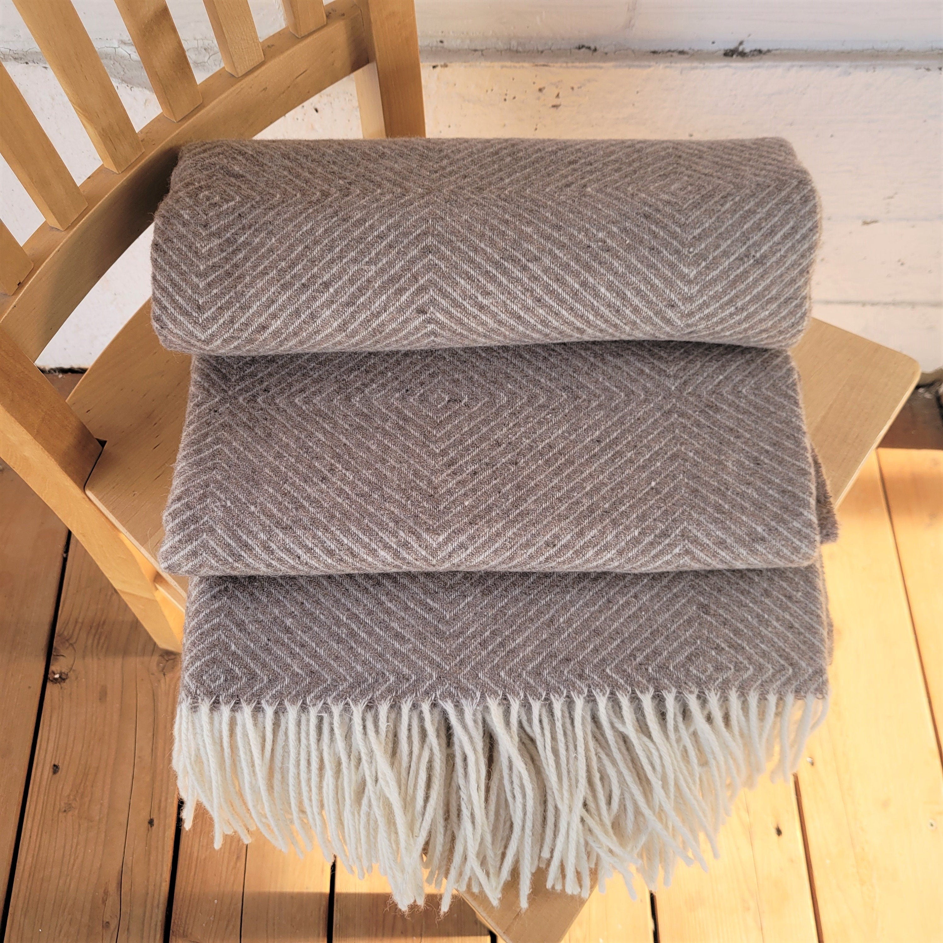 Merino Wool Throw - Lightweight Wool Plaid Blanket | Soft Cozy Diamond Pattern