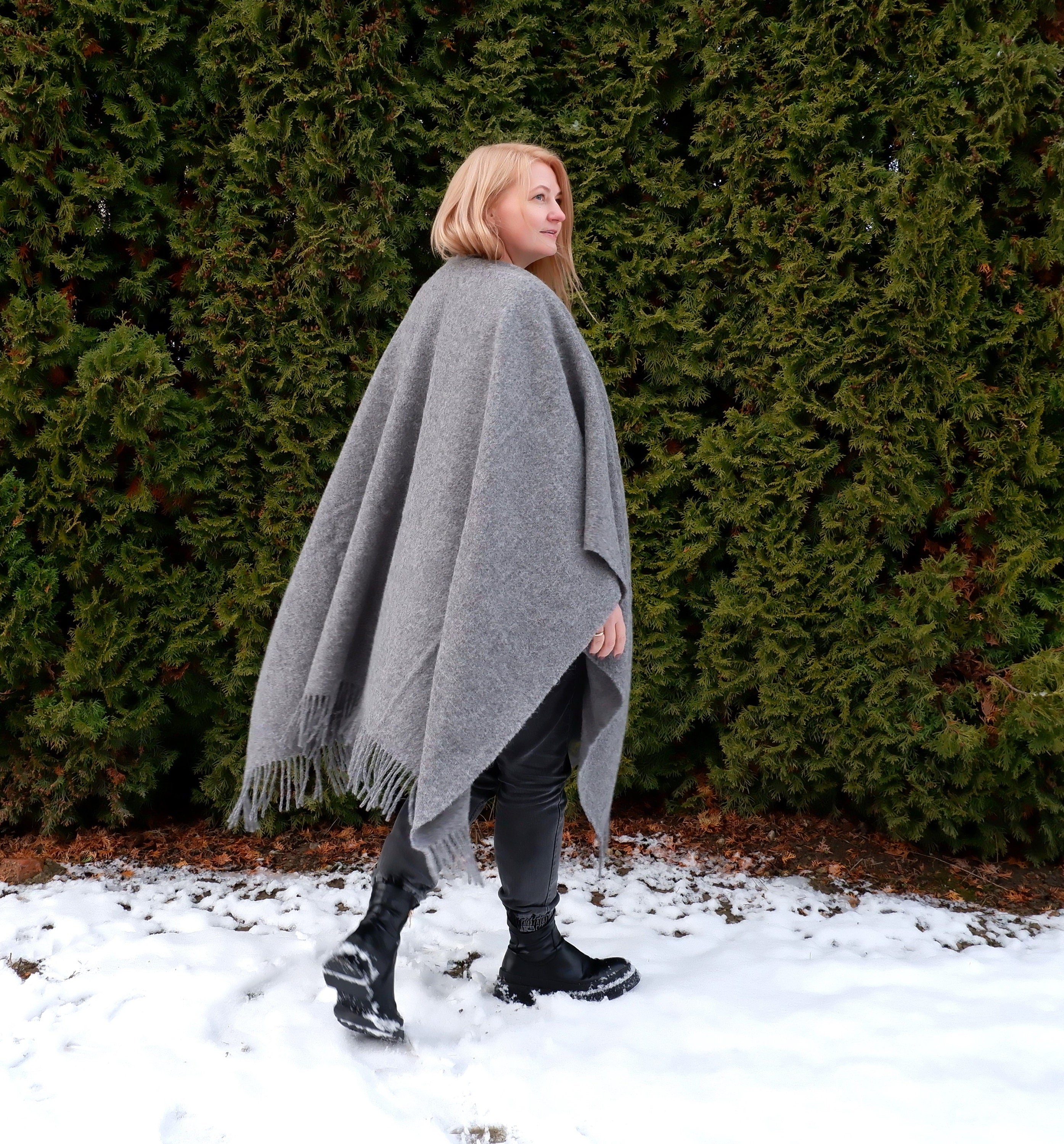 Wool Poncho Wrap Umea | Warm Outdoor Poncho, Reversible Soft Wool Cape, Classic Design
