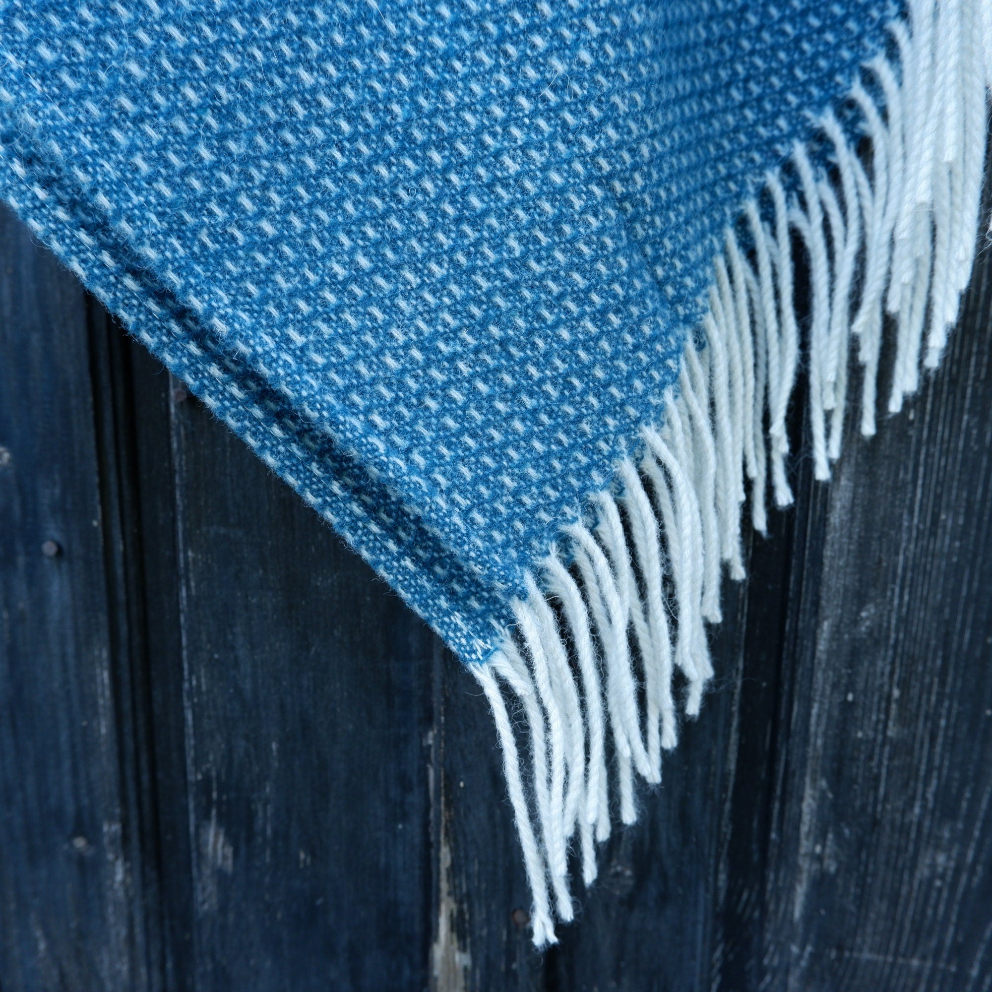 Merino Wool Poncho Kiruna – Blue Hooded Cape Ruana with Fringes, Soft Lambswool Wrap