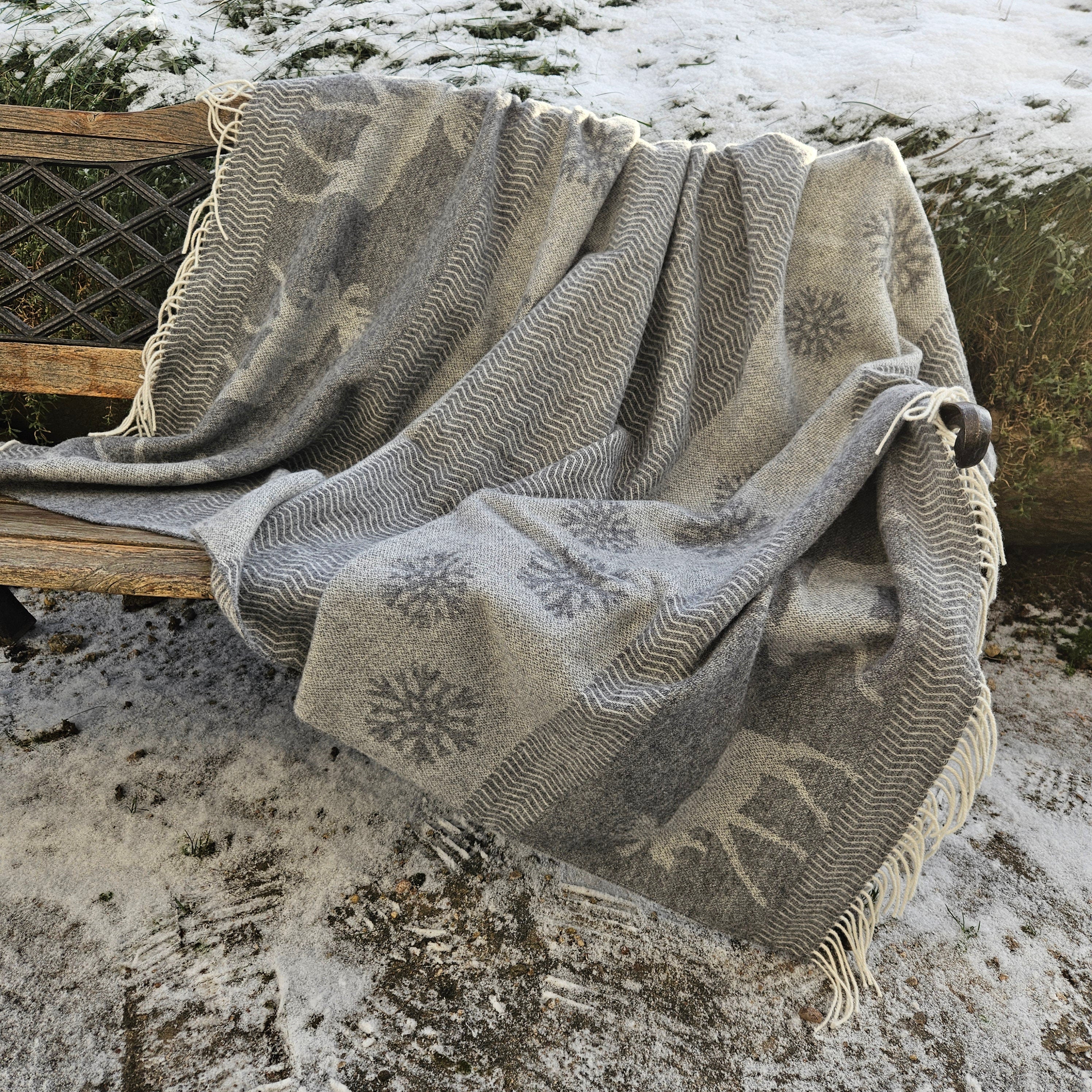 Wool Reindeer Blanket – Double Sided Warm Lambswool Plaid | Scandinavian Style Throw