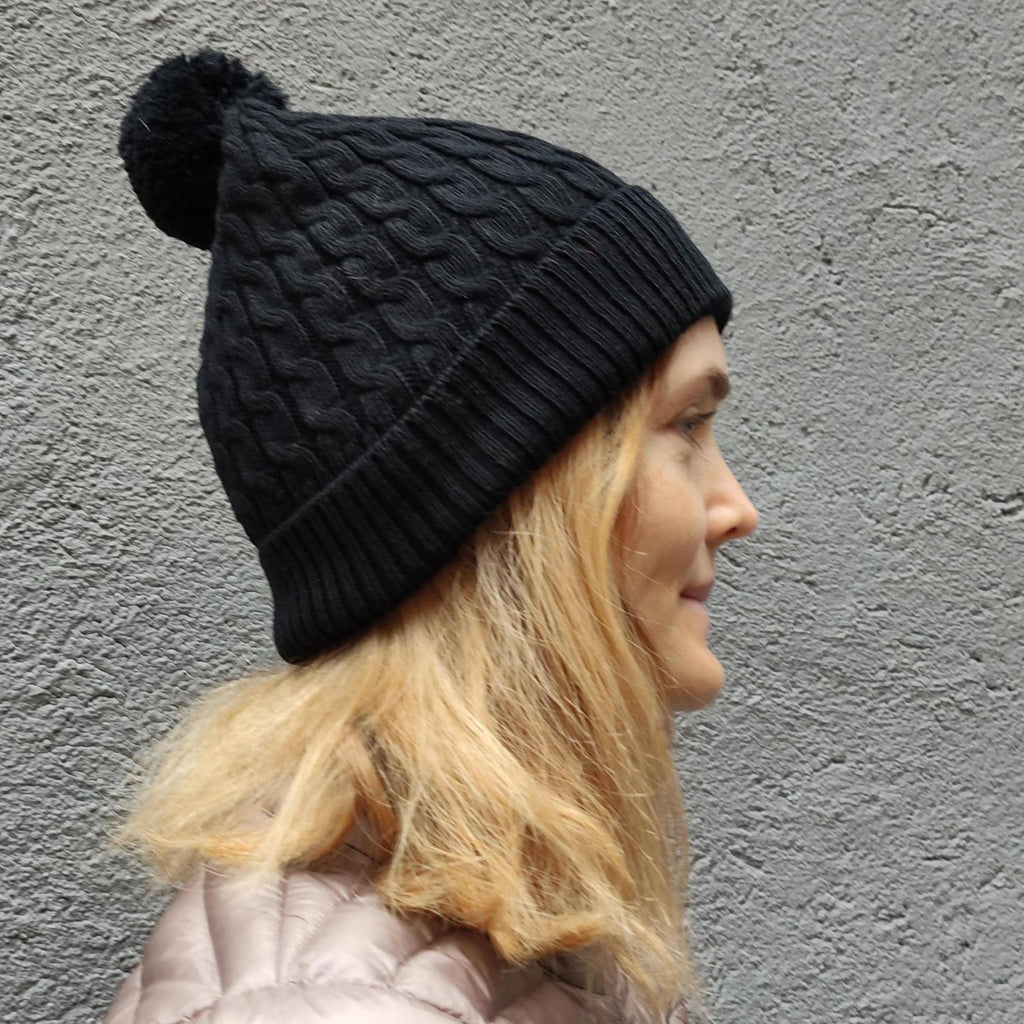 Blue Nordic Woolen Hat with braided  pattern Beautiful Beanie ski hat Fleece-lined Traditional Scandinavian winter hat with black pattern