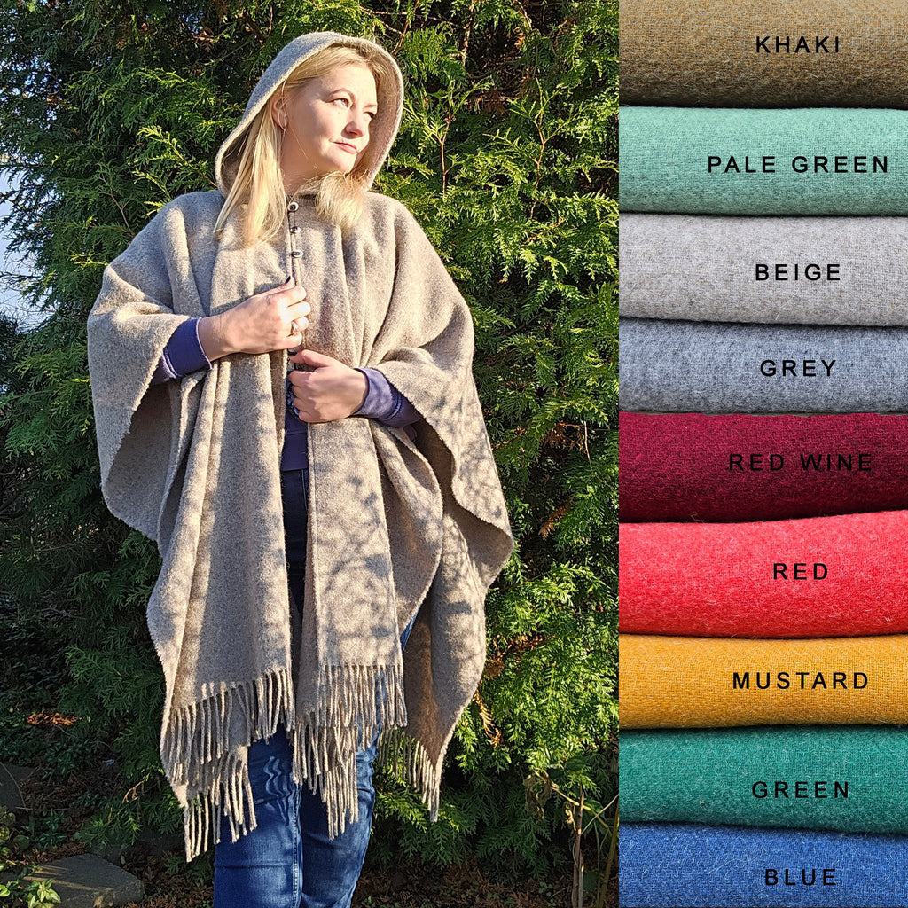 Wool Blanket Poncho – Unisex Grey Herringbone Hooded Cape with Fringes