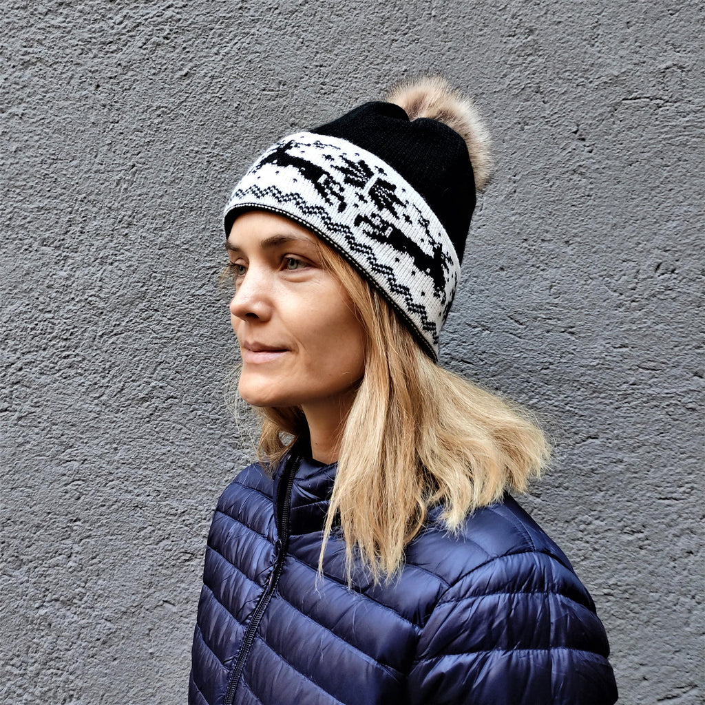 Merino Wool Knitted Beanie for Women or Men, black Wool Cap with pompom and reindeer, hand knit warm beanie, Woolen womens head accessories
