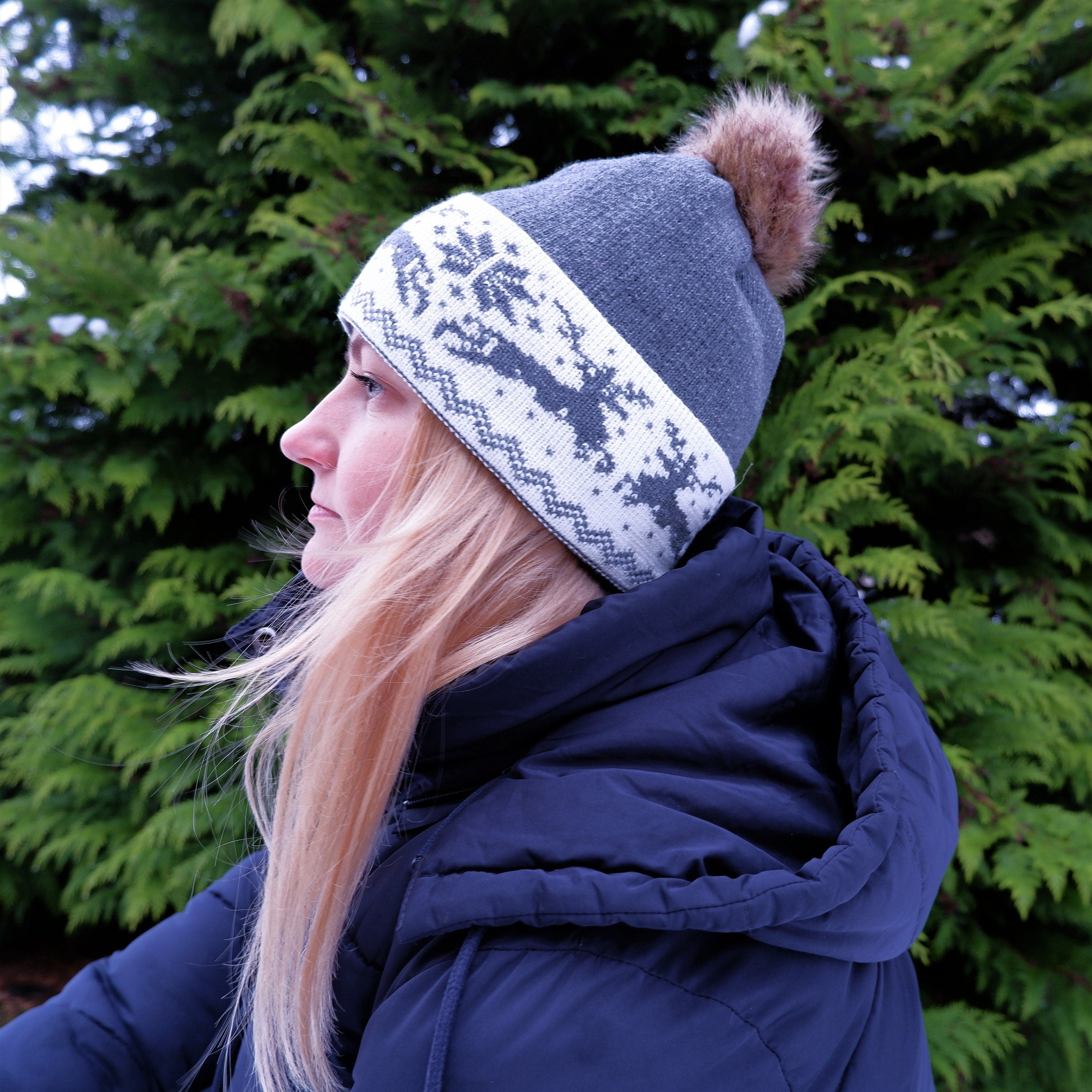 Knitted Wool Hat - 100% Merino Wool Beanie with Faux Fur Pom Pom & Moose Pattern