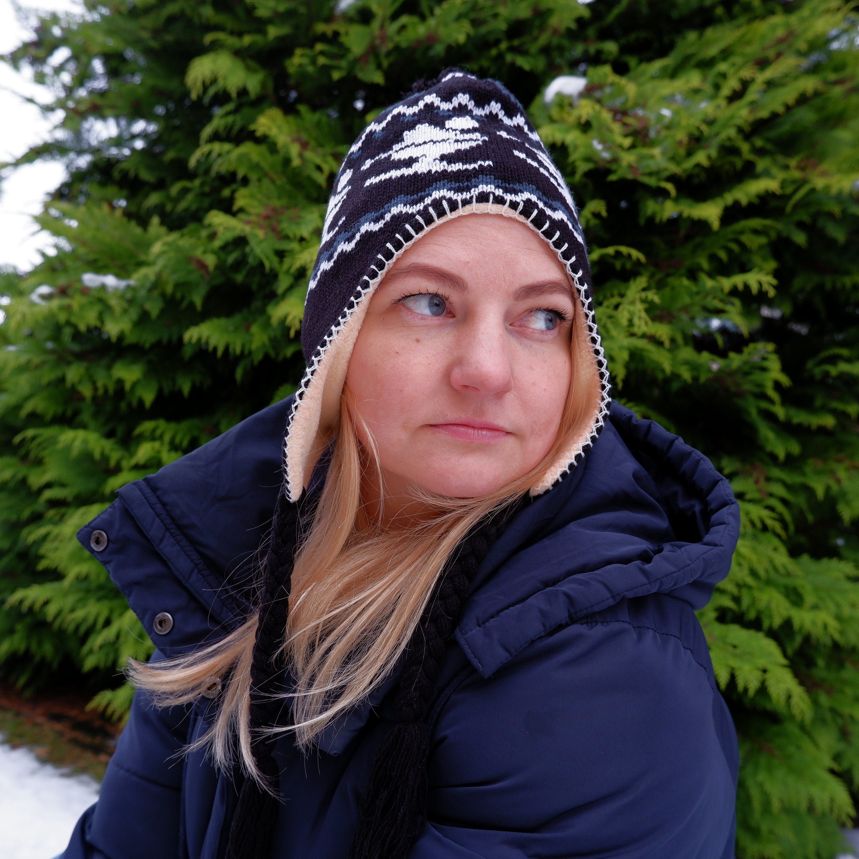 Merino Wool Hat – Warm Winter Earflap Beanie with Patterned Fleece Lining