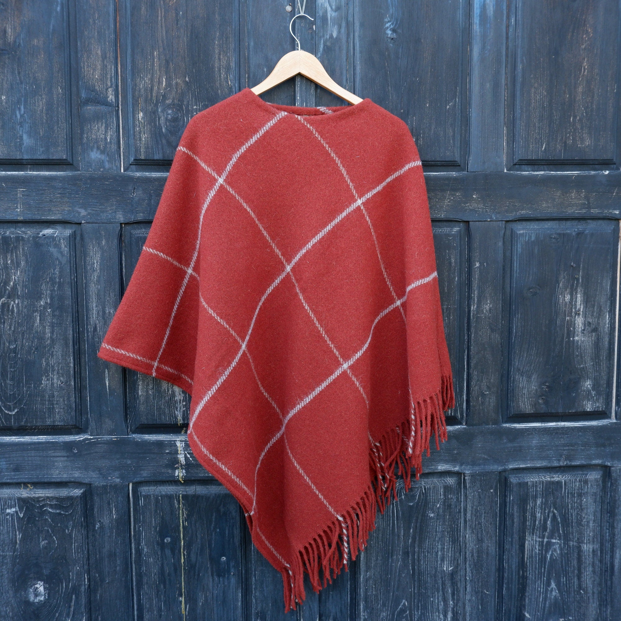 Red Wool Blanket Poncho Kiruna – Hooded Cape Ruana with Fringes, Comfortable Outdoor Cape