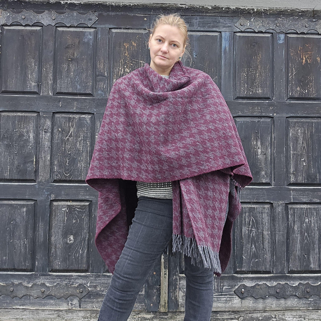 Wool Poncho Wrap Umea - Natural Wool Cape Outdoor | One Size Shawl With Fringes