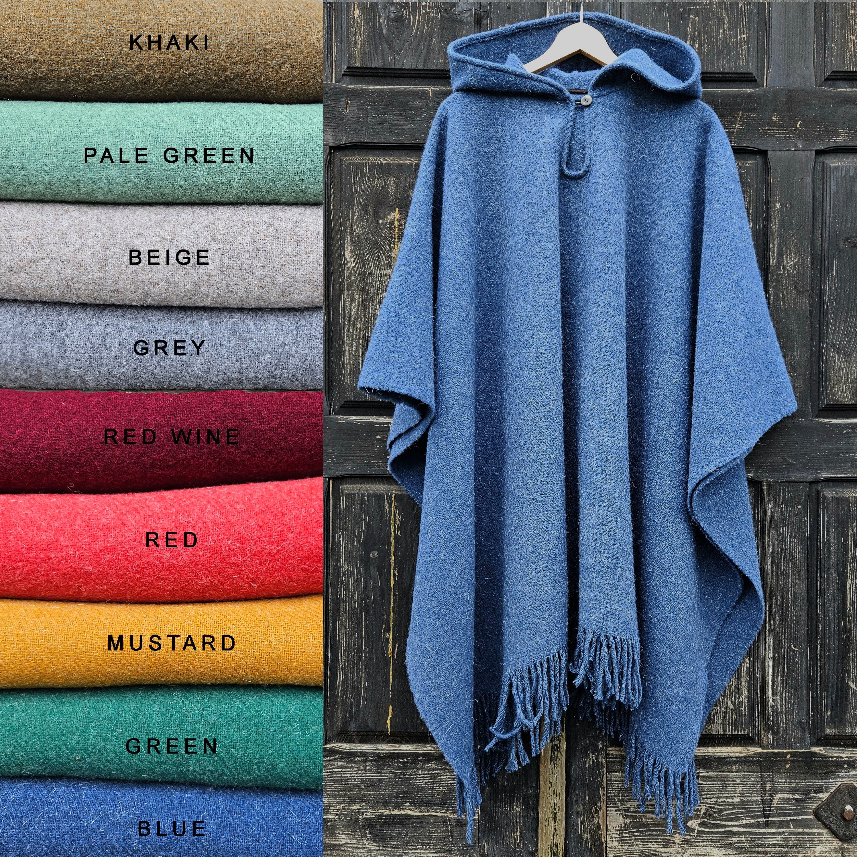 blue wool blanket poncho cape with hood. Available in several colors