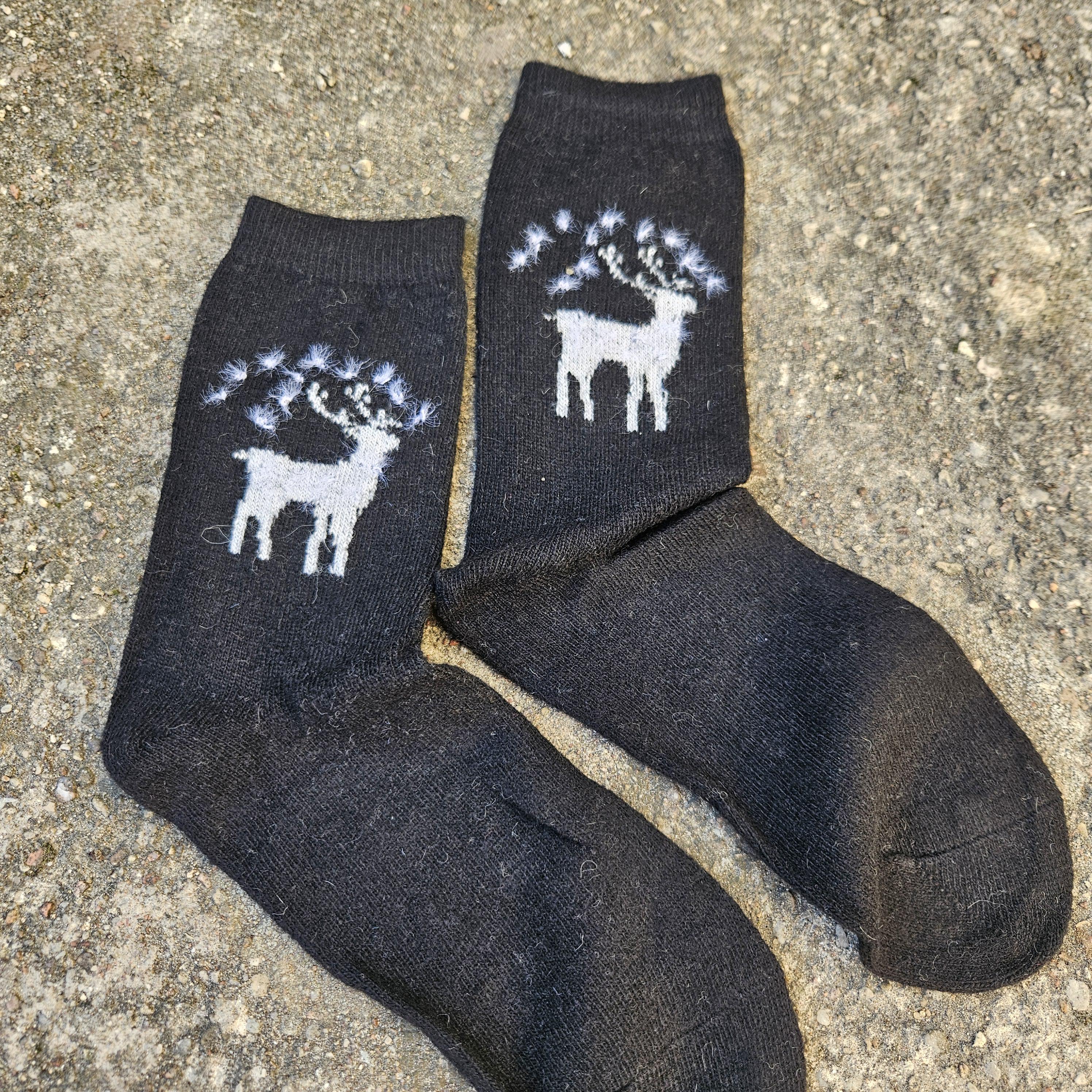 Thin Merino Wool Socks - Gray Reindeer Nordic Cozy Warm Hiking Socks Unisex