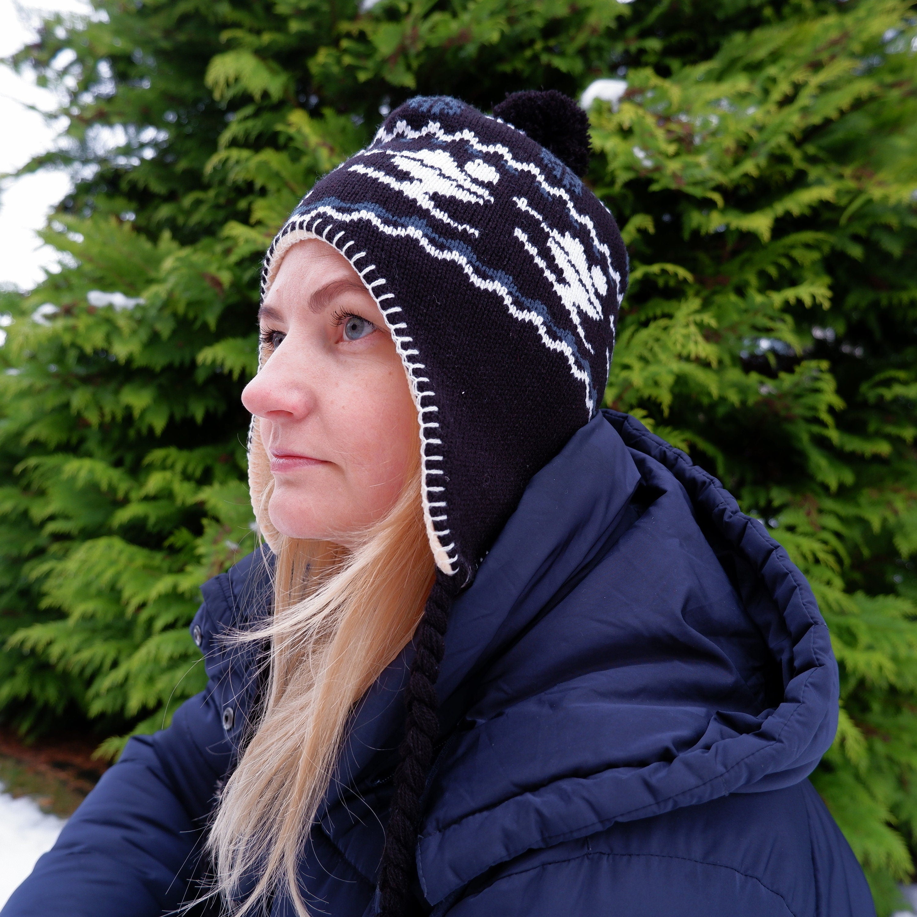 Merino Wool Hat – Warm Winter Earflap Beanie with Patterned Fleece Lining
