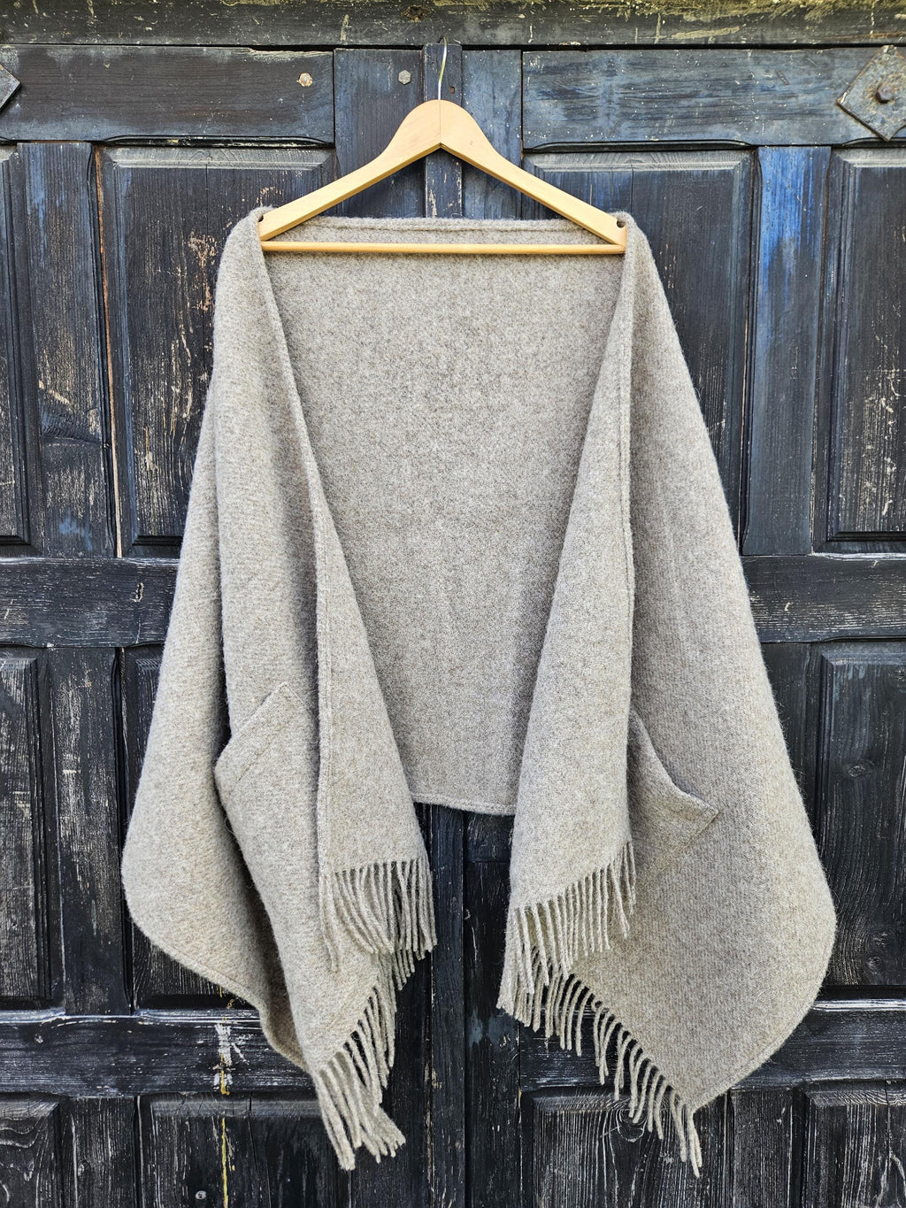 Wool Pocket Shawl – Classic Knitted Poncho Wrap With Pockets & Fringe Cape