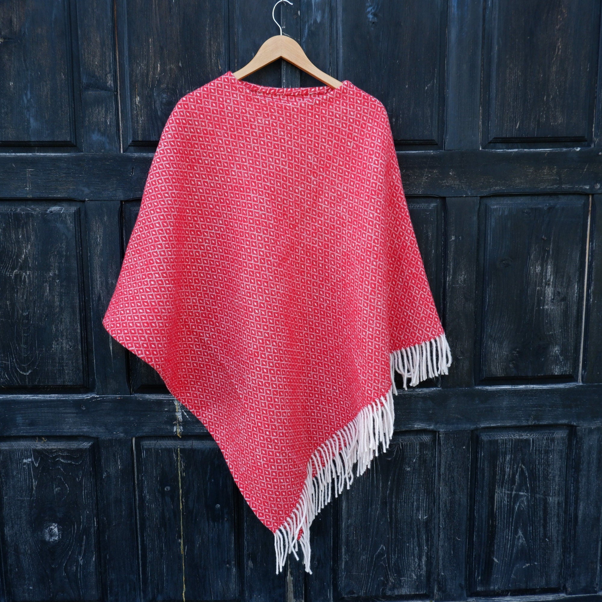 Red Wool Poncho – Hooded Cape With Fringed Ruana, Outdoor Wool Blanket