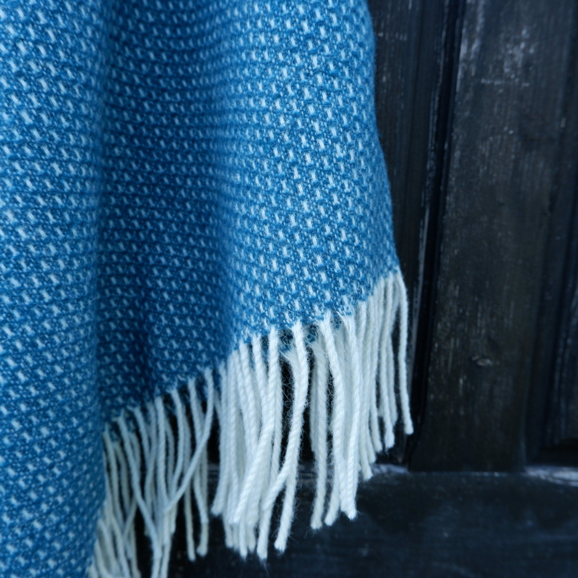 Wool Blanket Poncho Kiruna – Blue Merino Wool Cape with Hooded Fringe – Cozy Outdoor Wrap