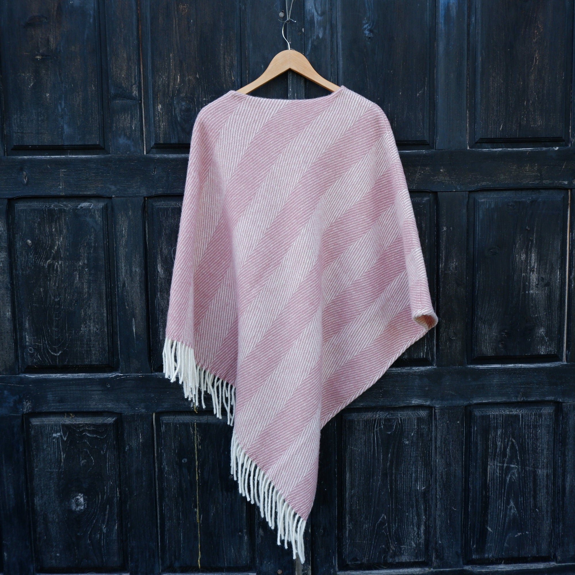 Pink Wool Poncho - Hooded Wool Blanket Cape With Fringes, Comfortable Outdoor Wear