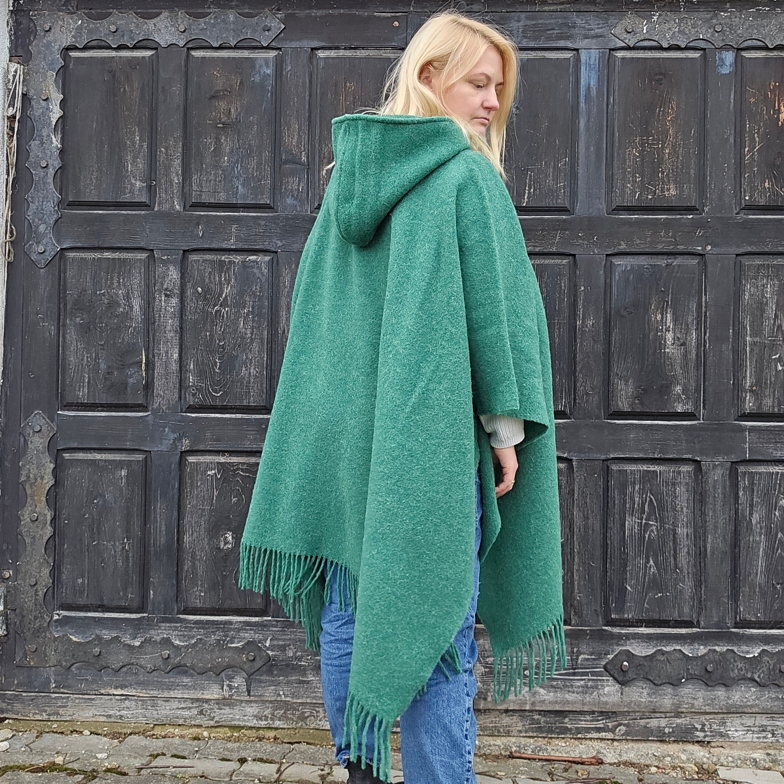 Wool Poncho - Unisex Ruana Cape | Red Wool Blanket | Outdoor Cape Cloak With Hood