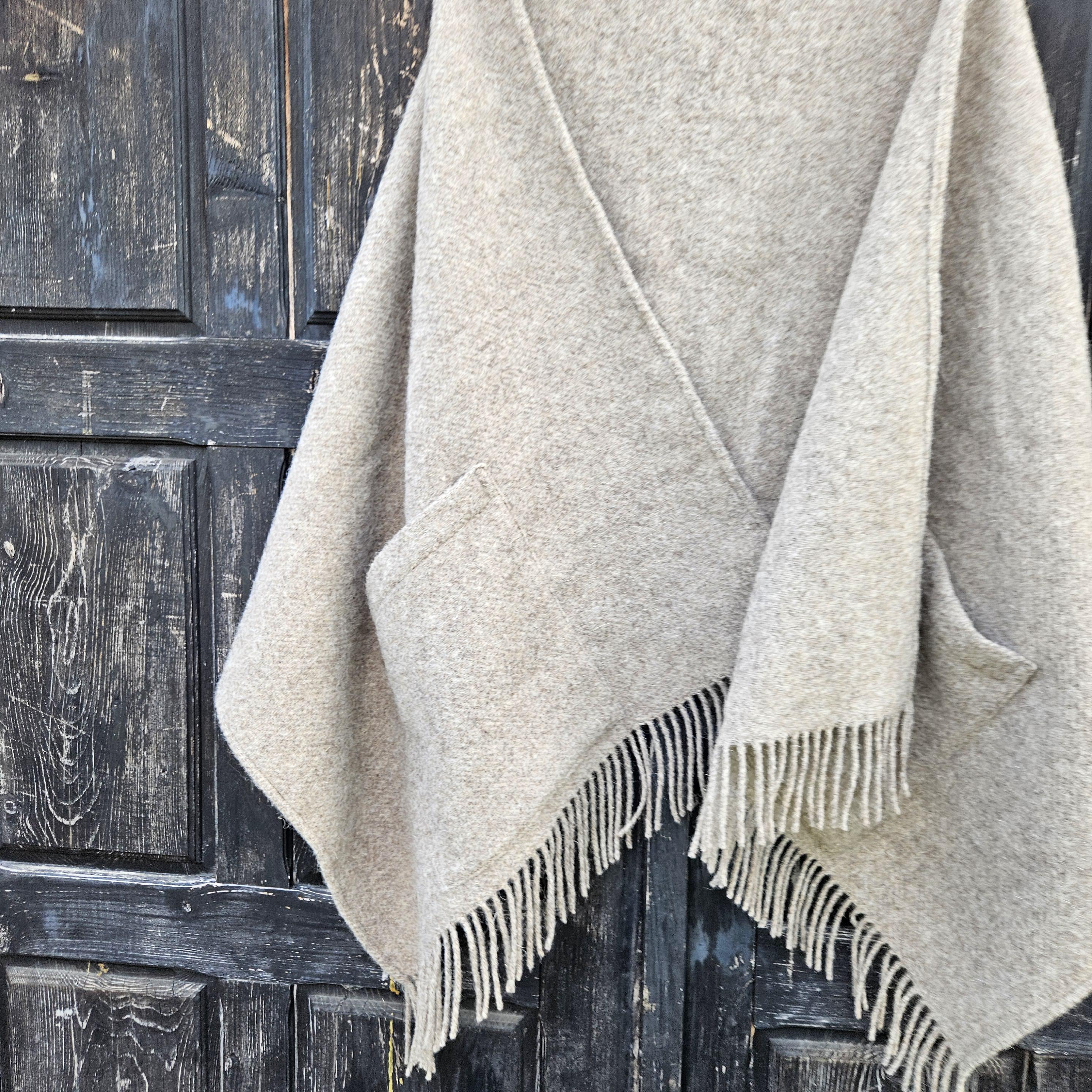 Wool Pocket Shawl – Classic Knitted Poncho Wrap With Pockets & Fringe Cape