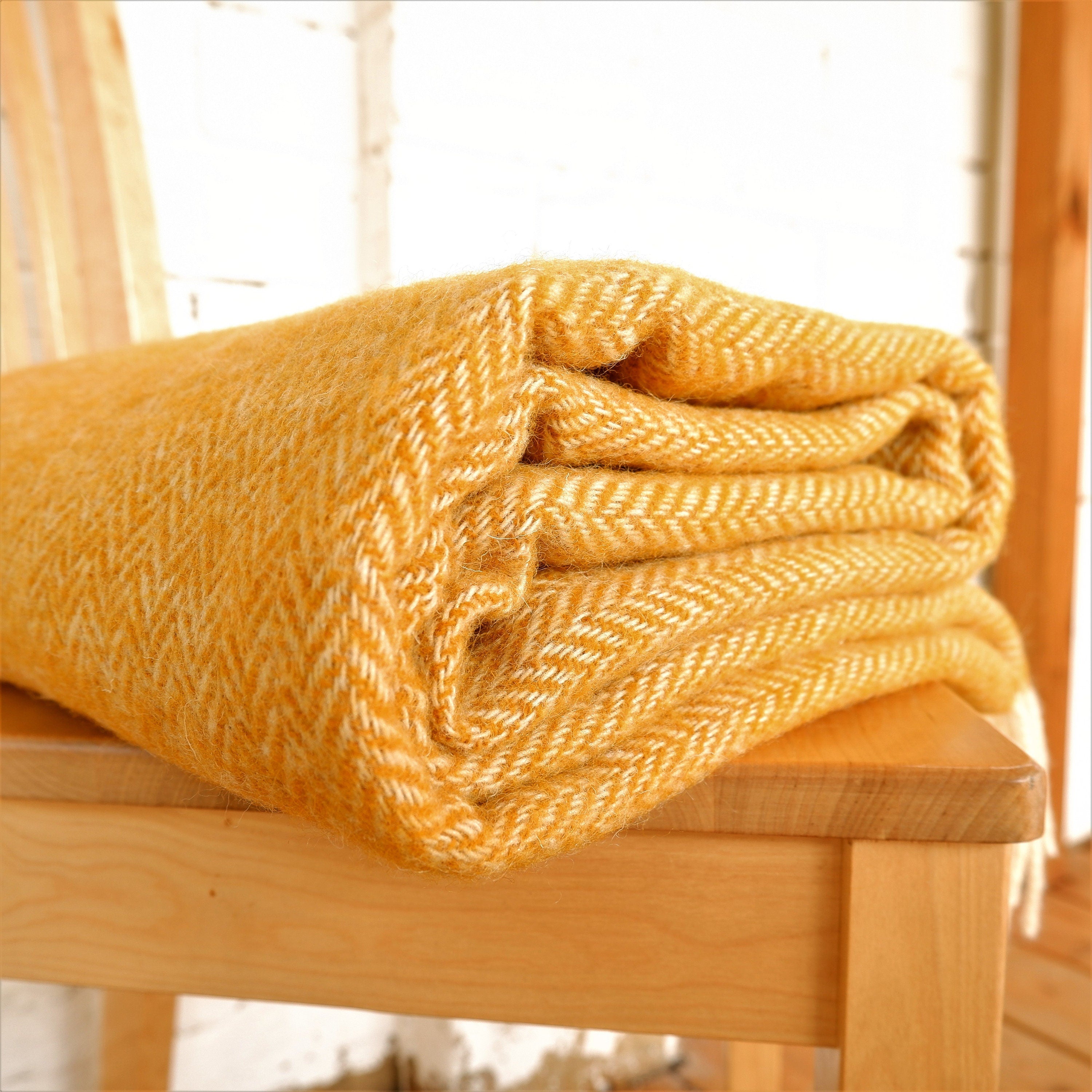 WOOL Blanket Hera in mustard yellow - Natural Throw plaid -  IN2NORD  - bed coverlet, quilt, wool cover