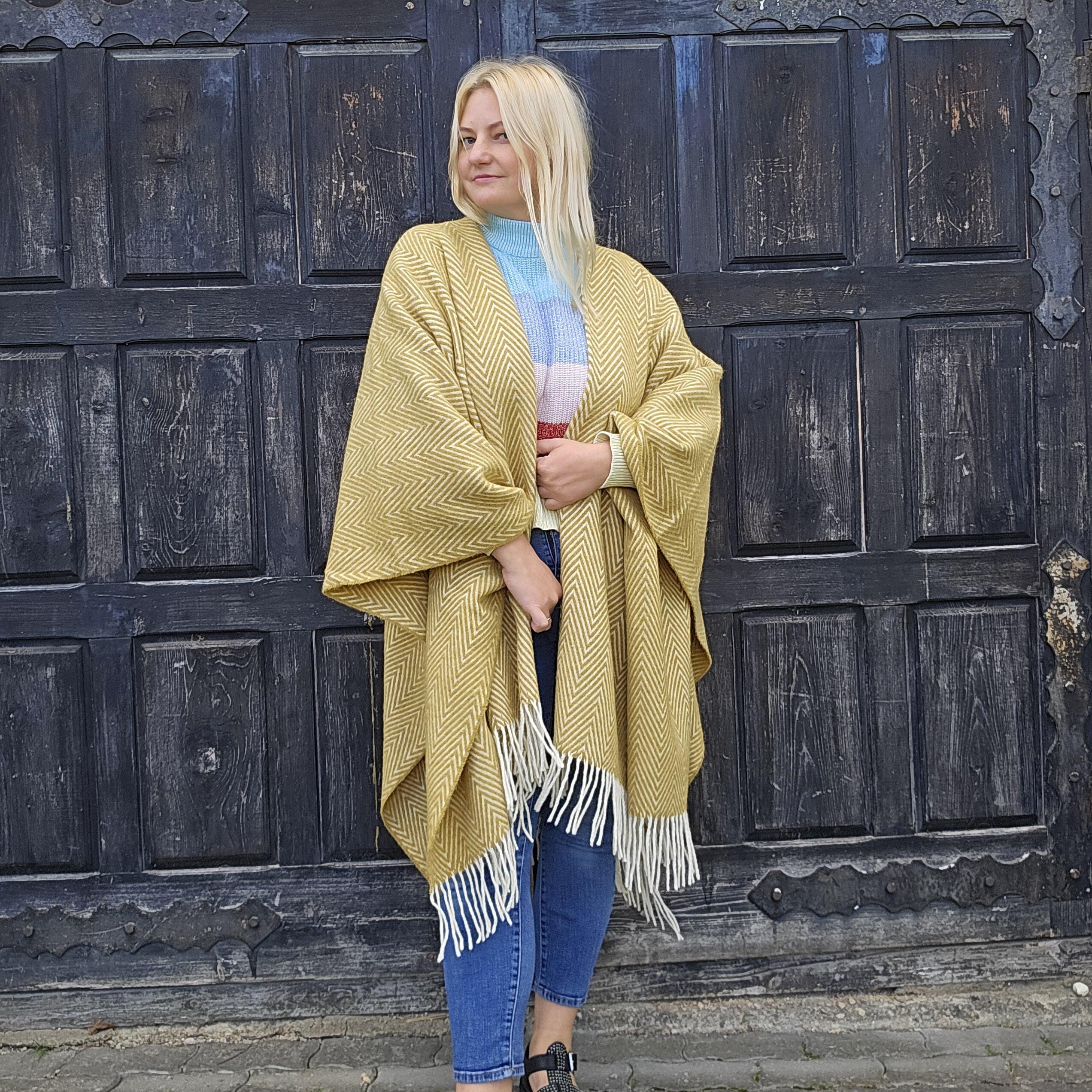 Merino Wool Poncho Umea - Lightweight Open Front Cape With Fringed Durable Wool Wrap