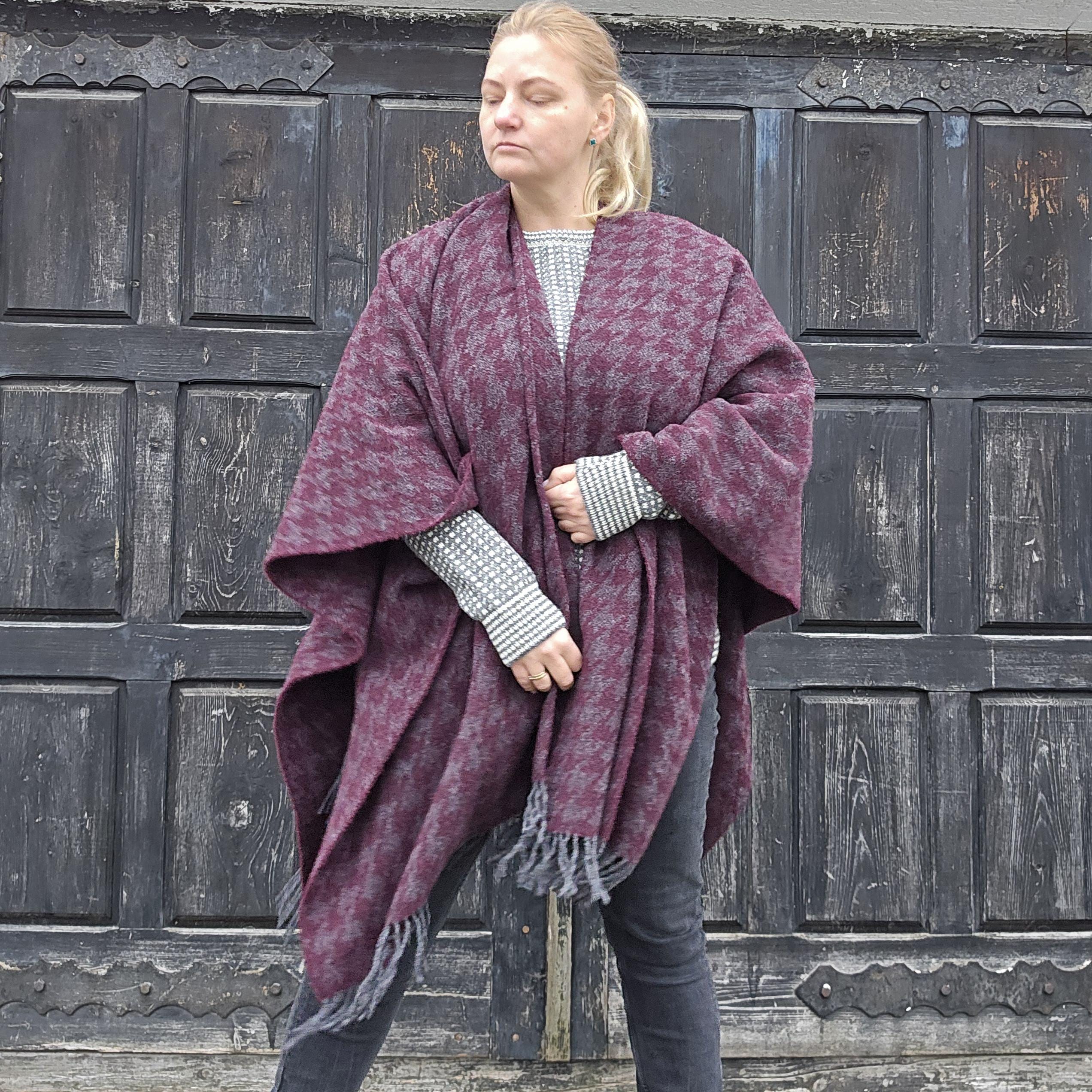 Wool Poncho Wrap Umea - Purple Wool Cape With Fringe Edge, One Size Shawl Wrap