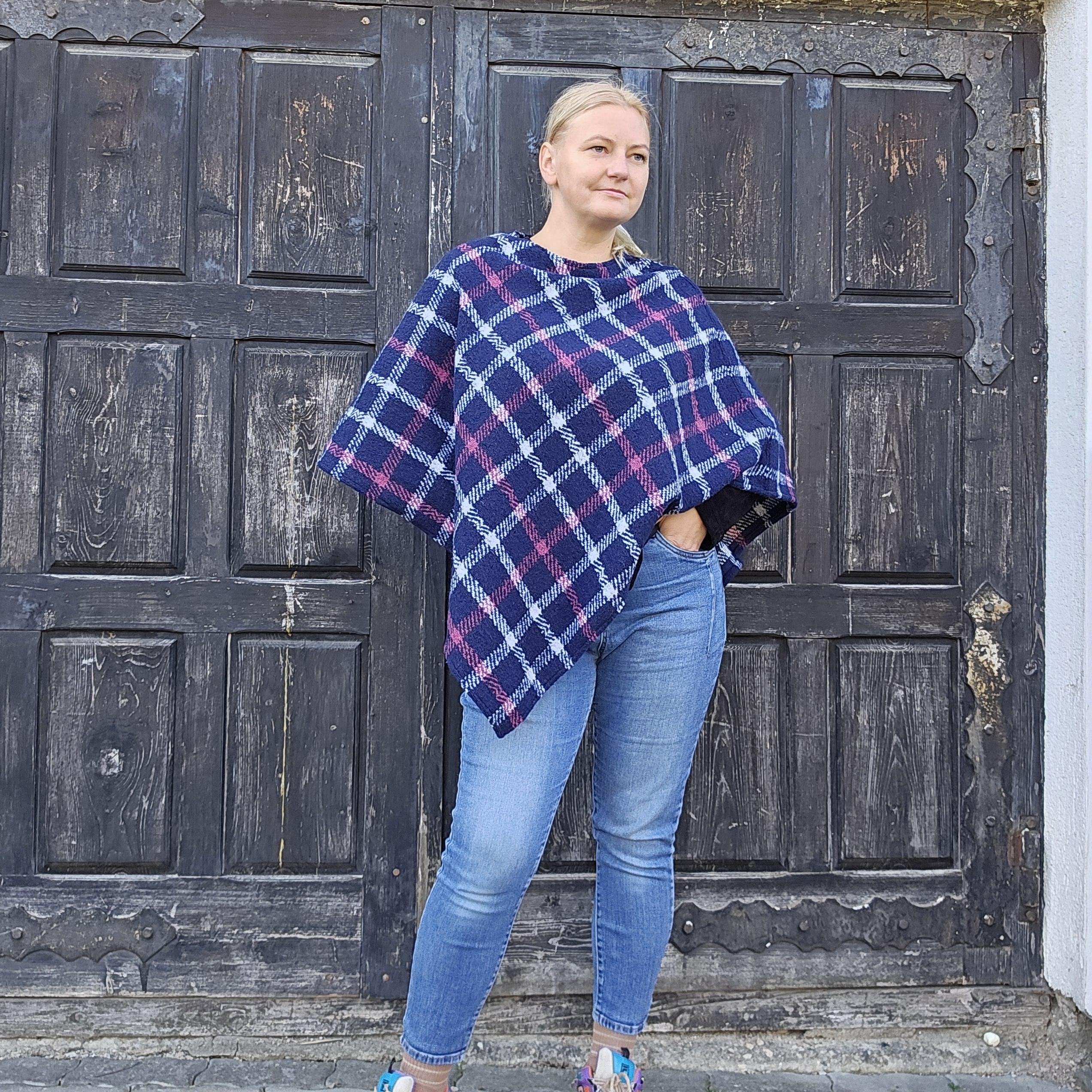 Wool Blanket Poncho - Blue Checked Hooded Wool Cape, Comfortable Outdoor Ruana