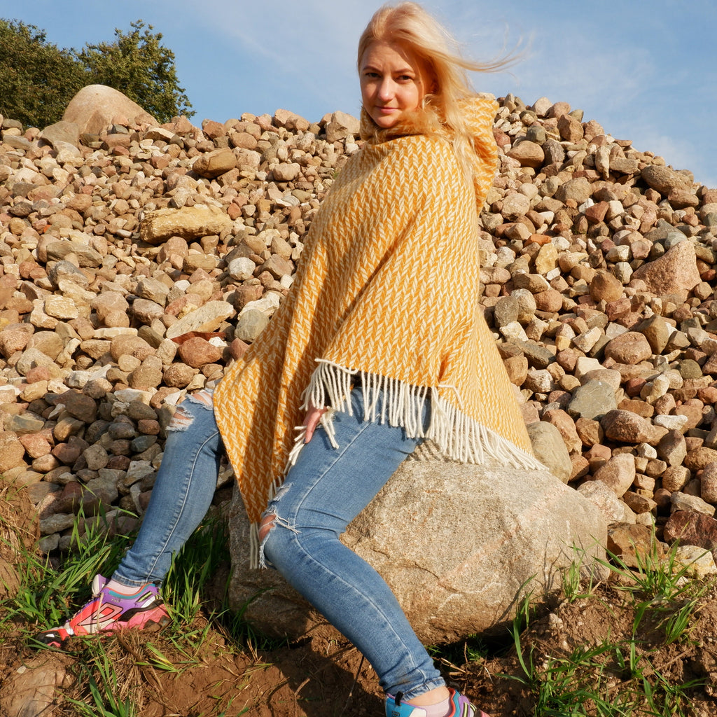 Yellow Wool Poncho – Hooded Wool Blanket Cape with Fringes for Outdoor Comfort