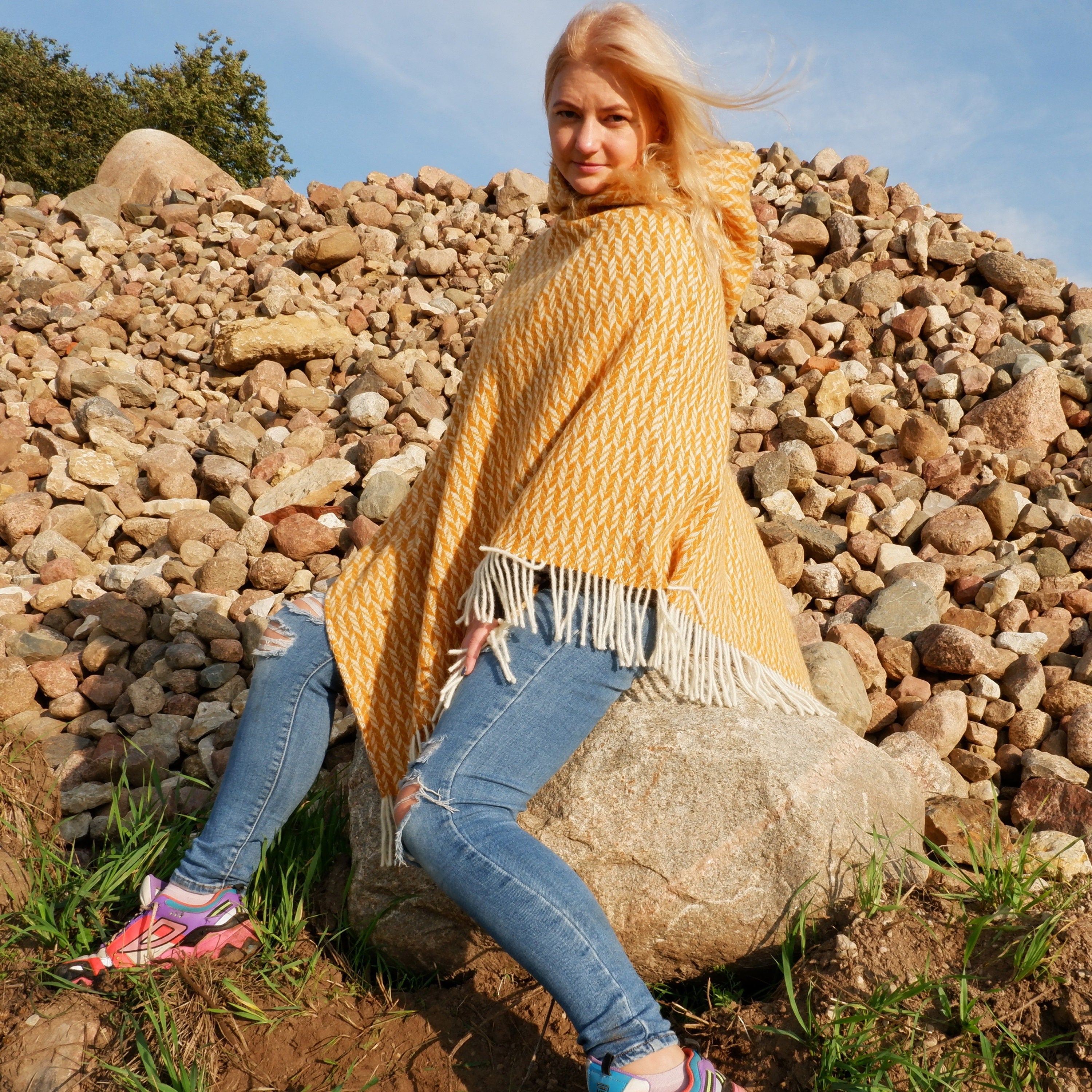 Yellow Wool Poncho – Hooded Wool Blanket Cape with Fringes for Outdoor Comfort