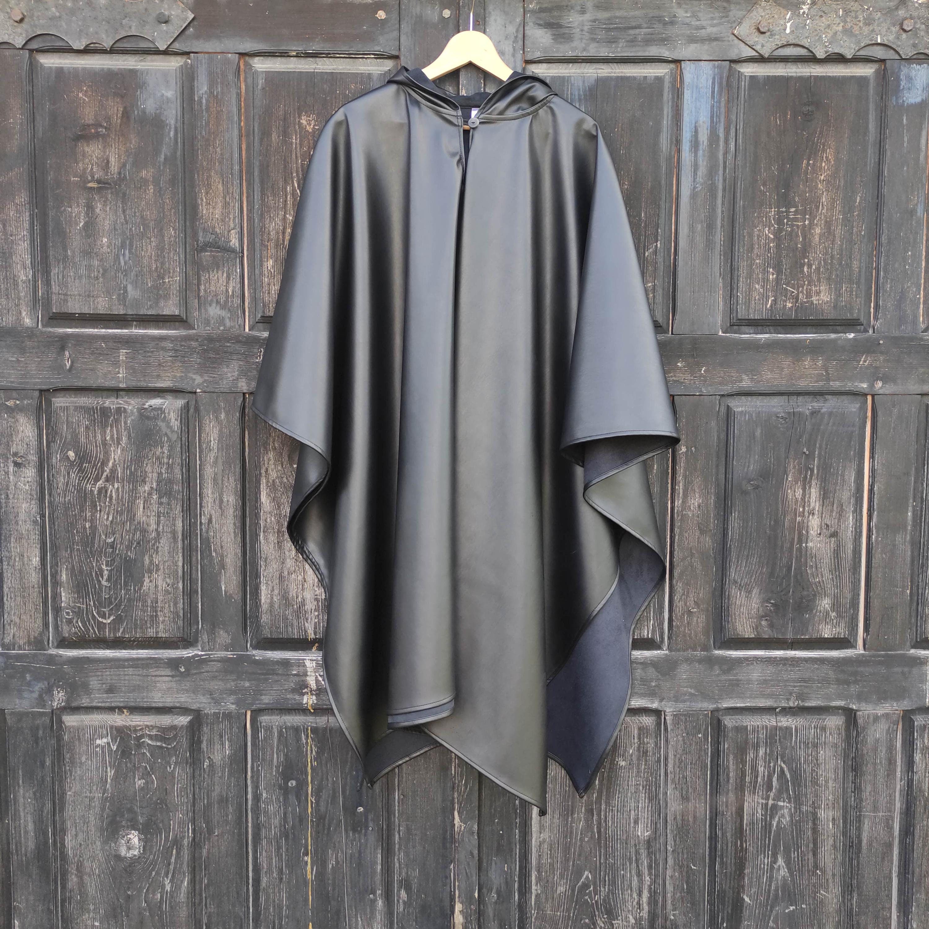 rain poncho in black vegan leather with fleece inside for men or women