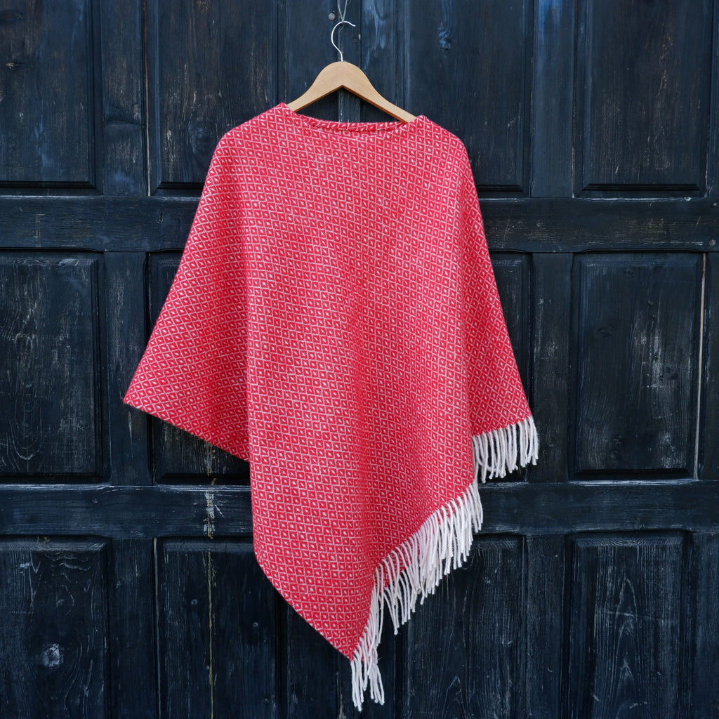 Red Wool Poncho – Hooded Cape With Fringed Ruana, Outdoor Wool Blanket