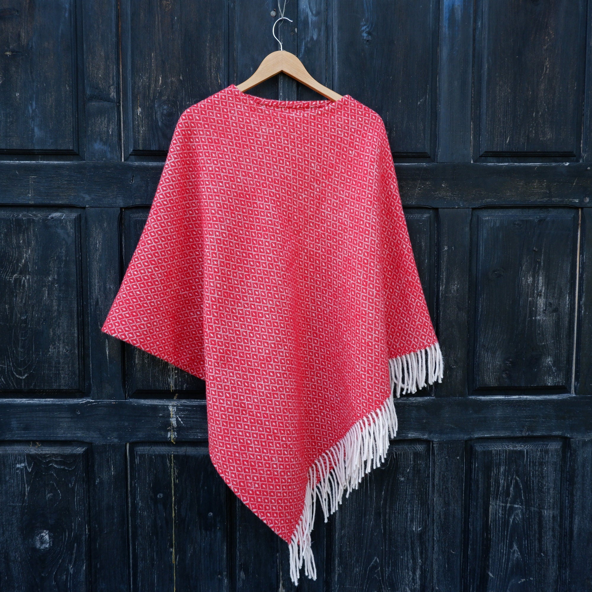 Red Wool Poncho – Hooded Cape With Fringed Ruana, Outdoor Wool Blanket