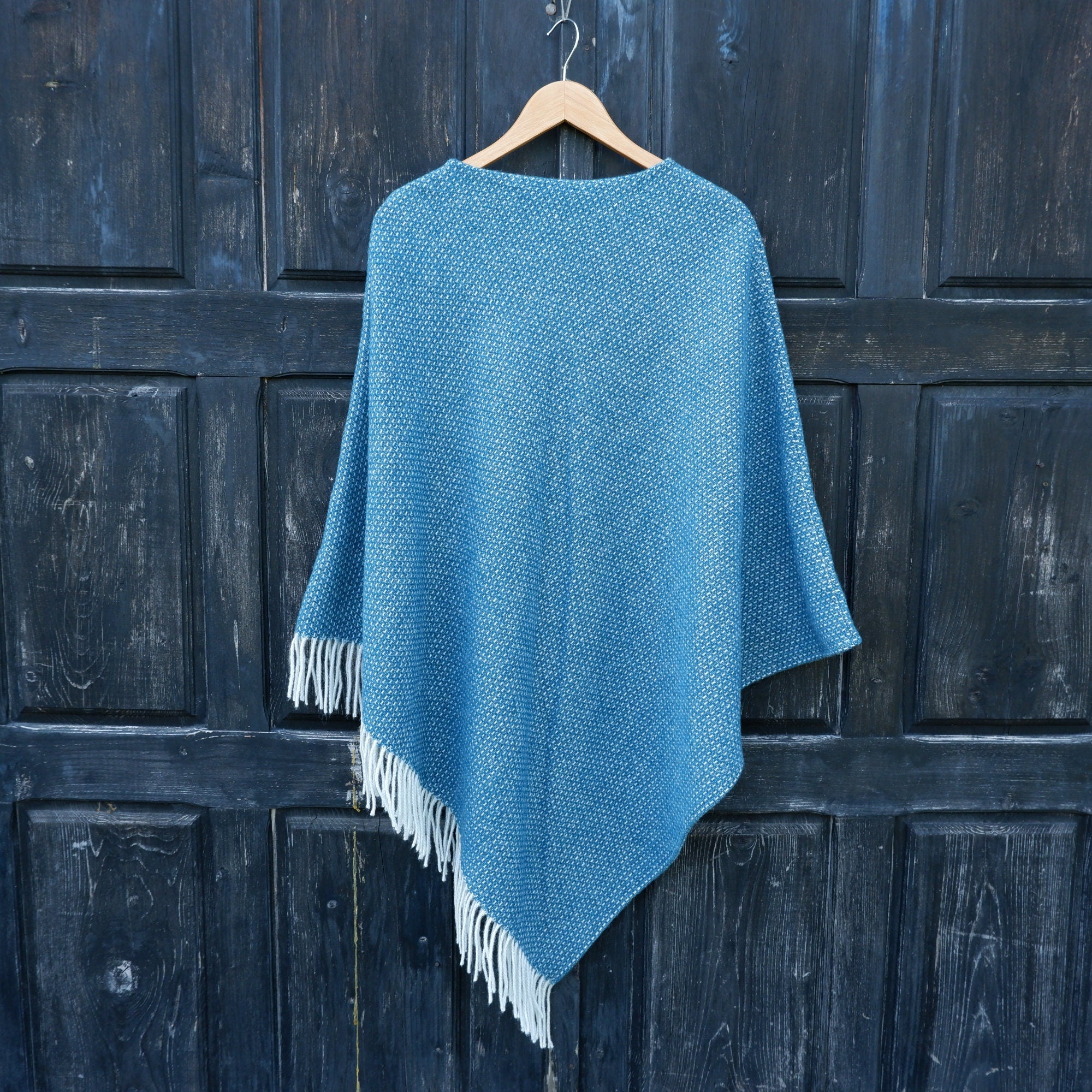 Merino Wool Poncho Kiruna – Blue Hooded Cape Ruana with Fringes, Soft Lambswool Wrap