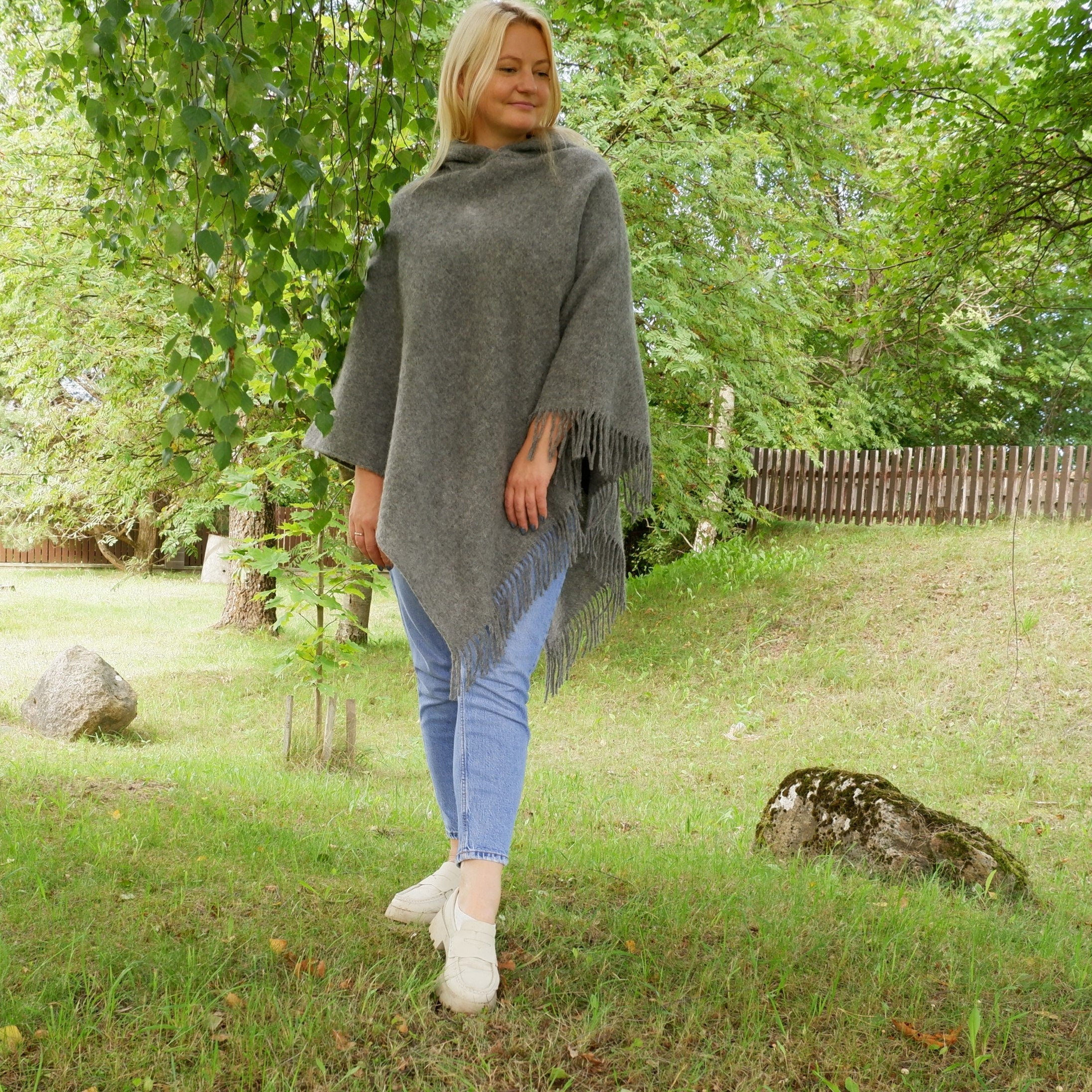 Wool Blanket Poncho – Hooded Wool Cape with Fringes | Comfortable Outdoor Grey Shawl