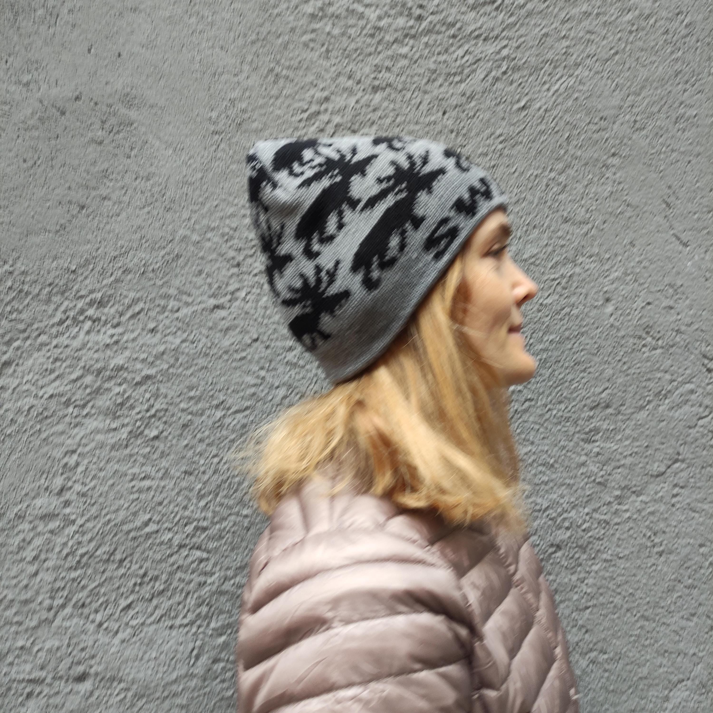 Merino Wool Beanie - Hand Knitted Scandinavian Wool Hat with Reindeer Knit Pattern