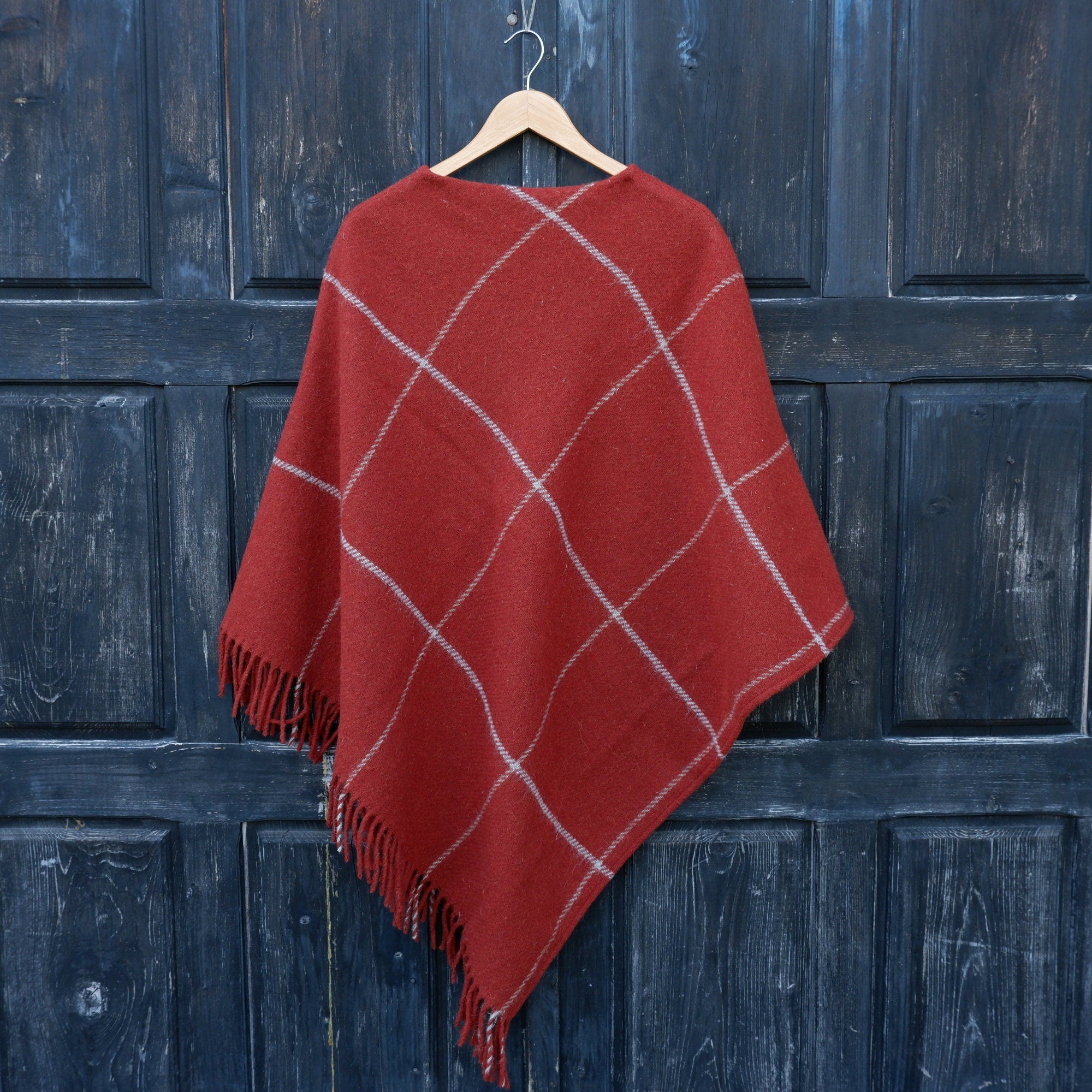 Red Wool Blanket Poncho Kiruna – Hooded Cape Ruana with Fringes, Comfortable Outdoor Cape
